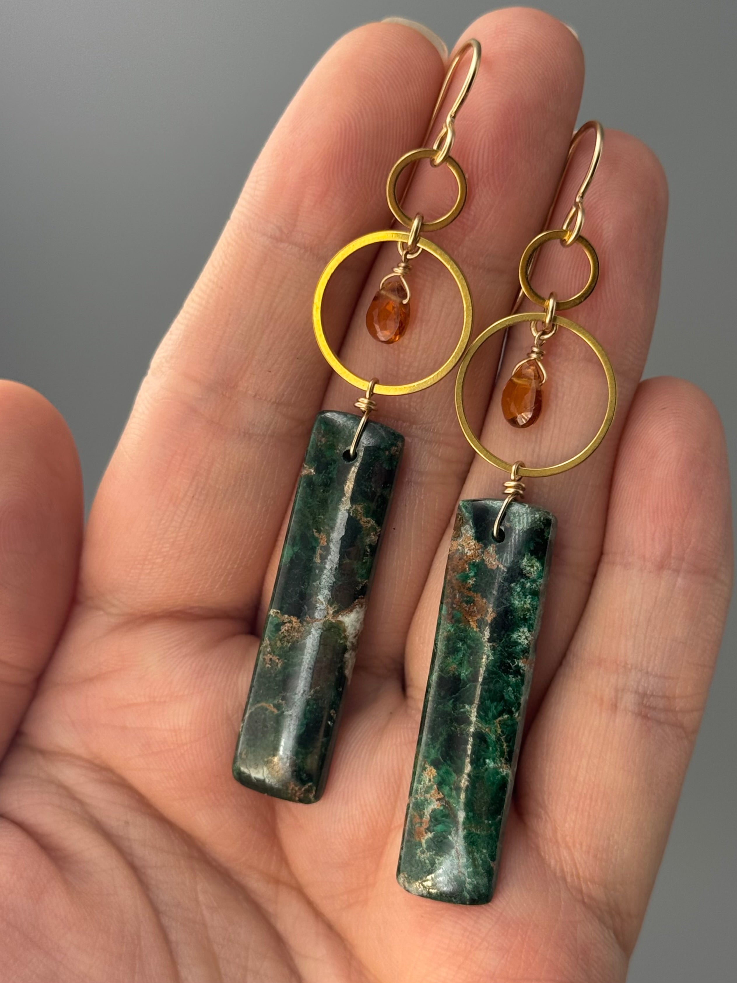 •EQUA-LUNA• hessonite garnet + malachite gold earrings