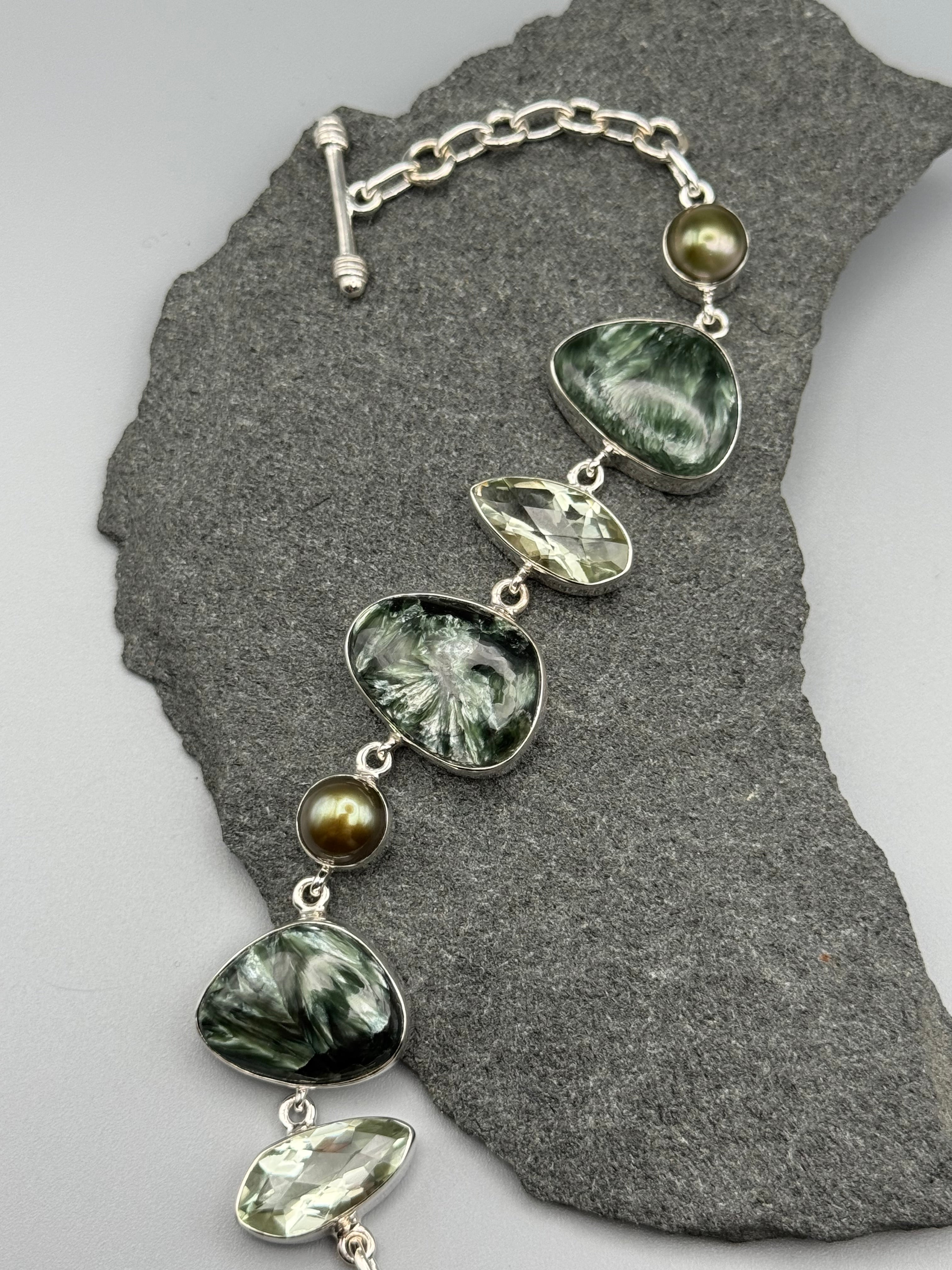 •SERAPHINITE - MULTI-STONE• linked silver bracelet (7.25" - 8.5")