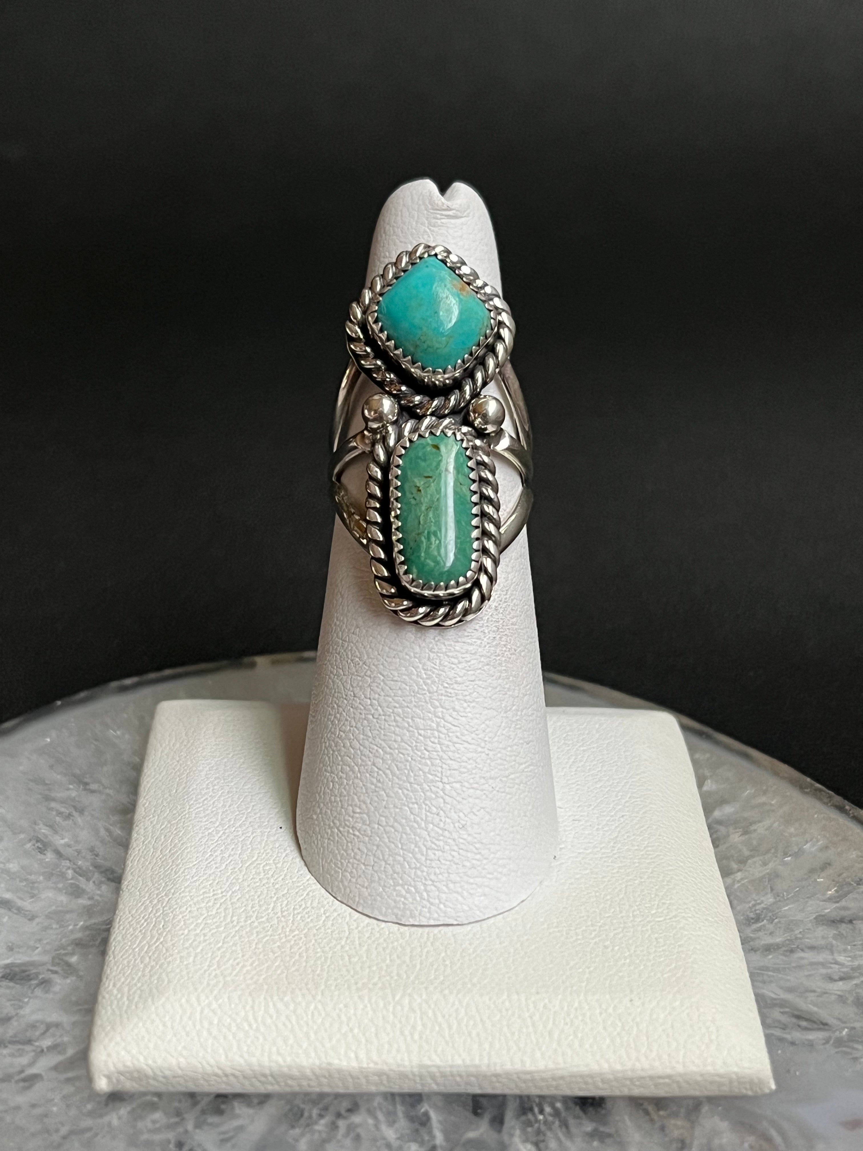 •KINGMAN TURQUOISE• Navajo silver double stone ring - size 6