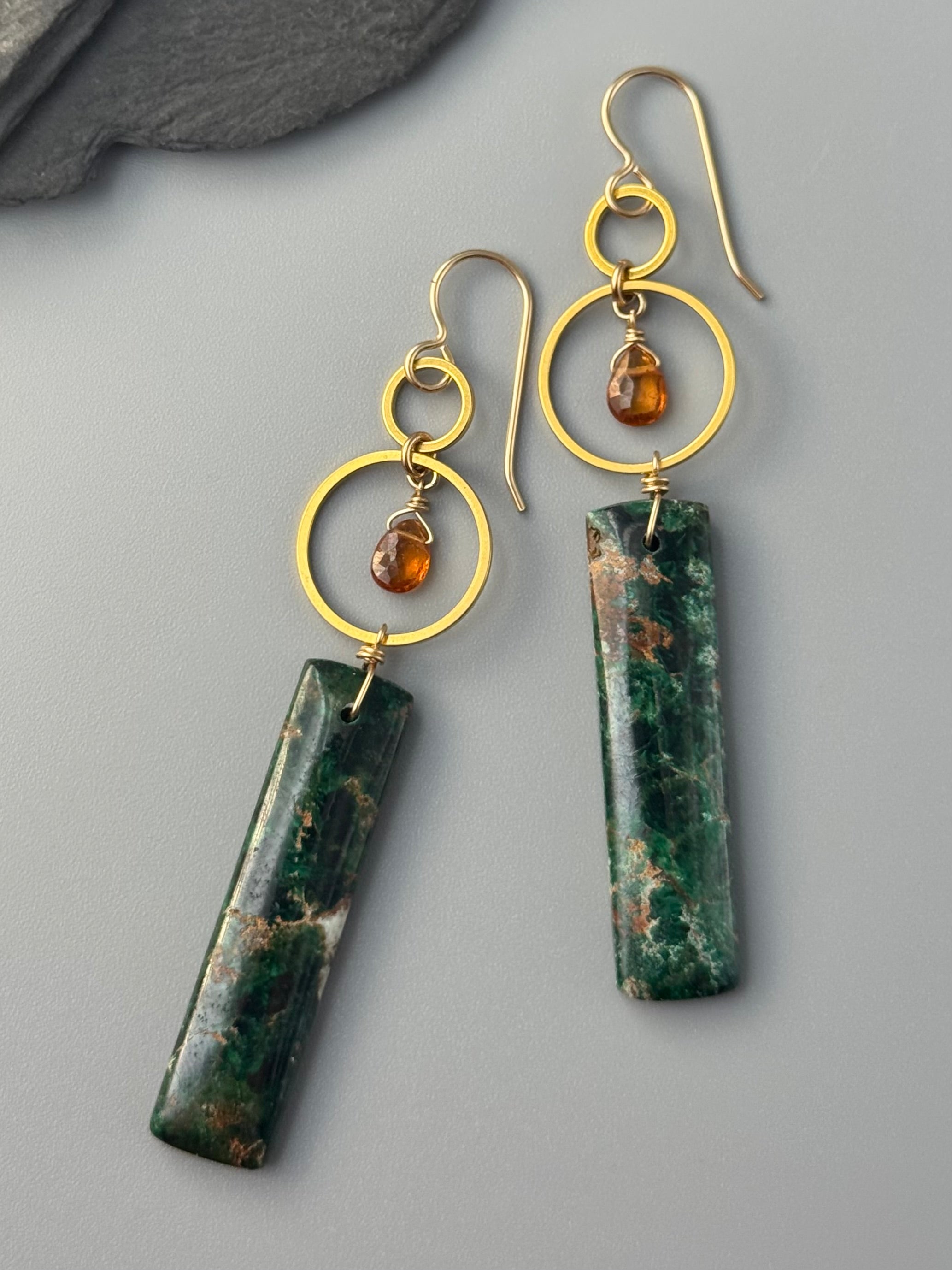 •EQUA-LUNA• hessonite garnet + malachite gold earrings
