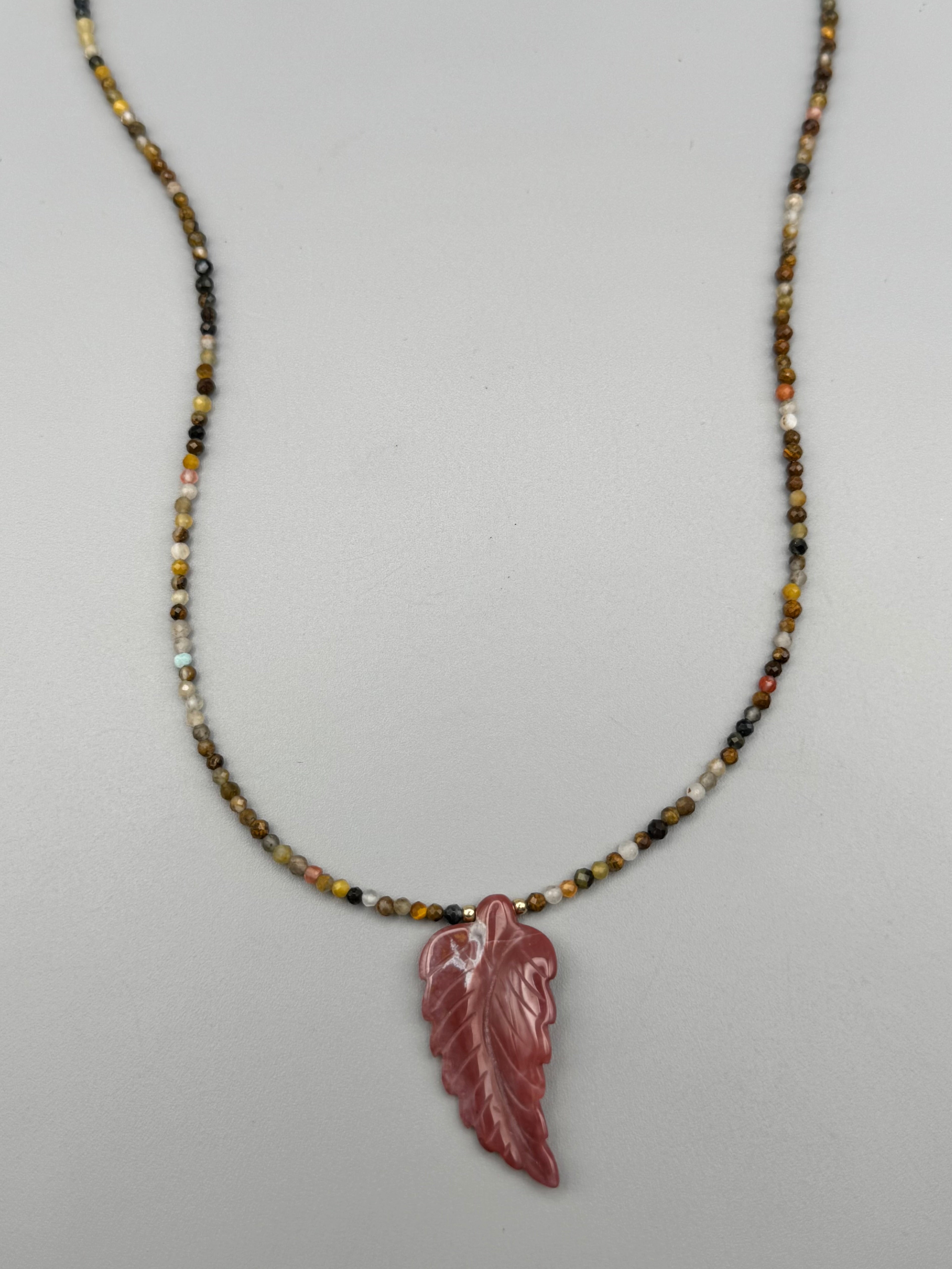 •PIETERSITE + INDIAN AGATE LEAF• gold beaded necklace (17" - 19" long)