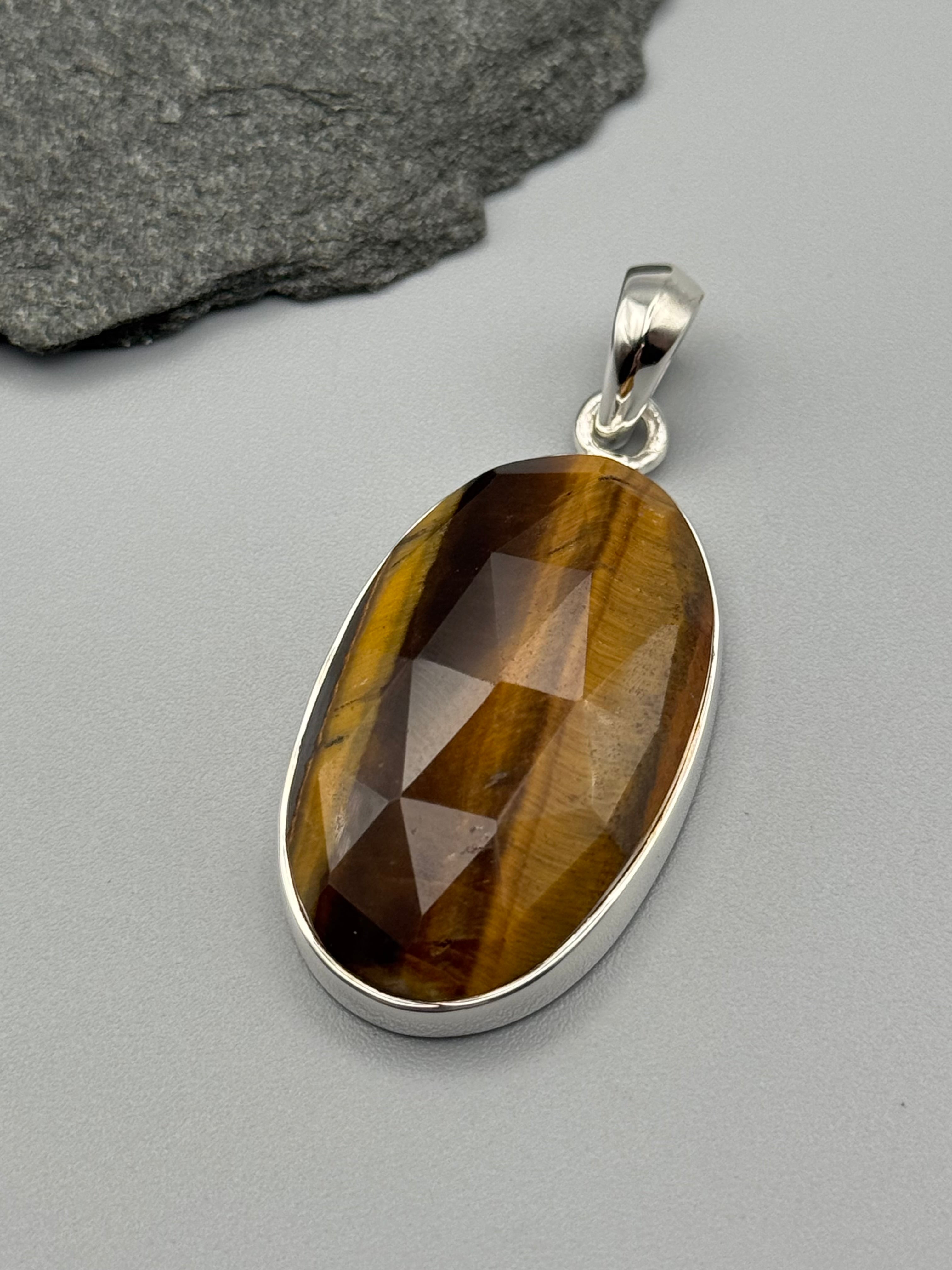 •TIGER EYE - FACETED OVAL• sterling silver pendant
