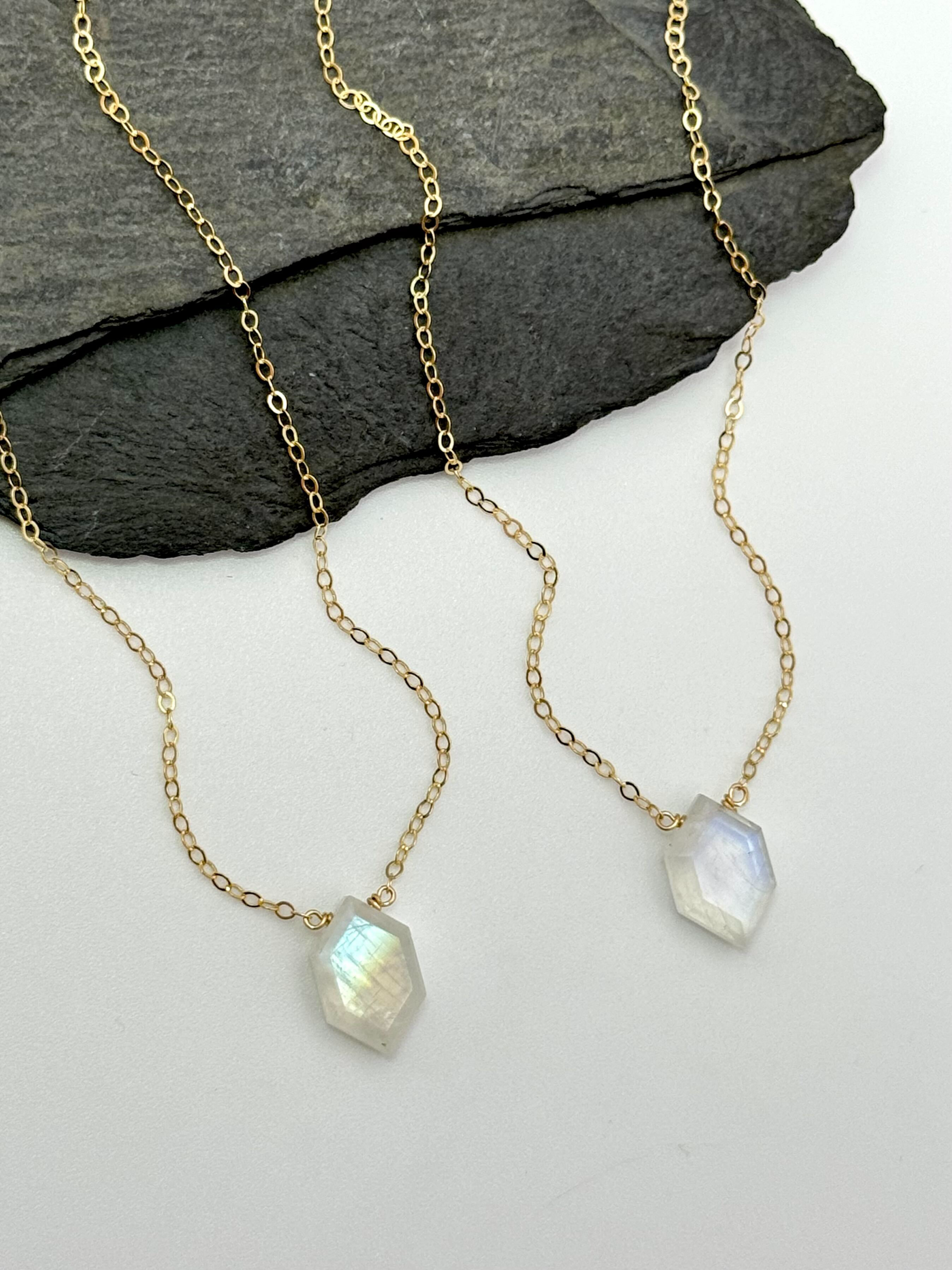 •STRAY• faceted rainbow moonstone lil' hex  + gold necklace