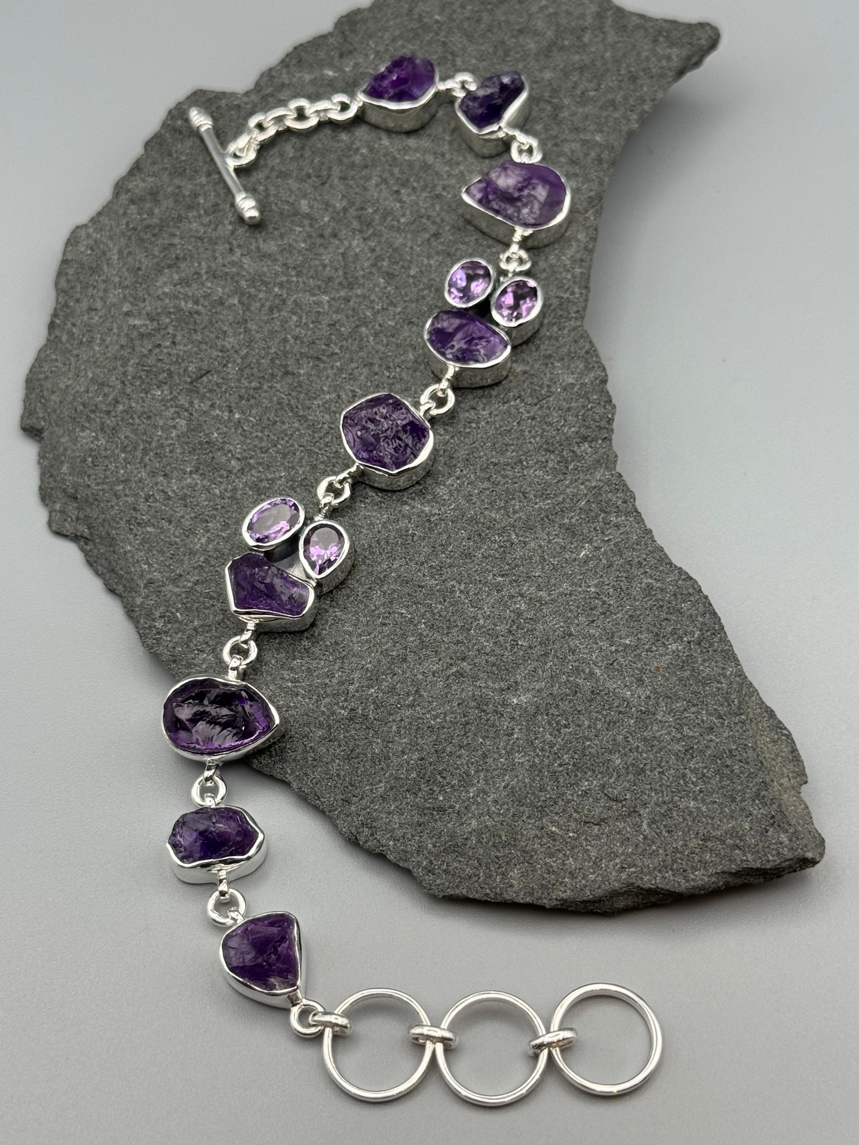 •AMETHYST - CLUSTER• linked silver bracelet (7.25" - 8.5")