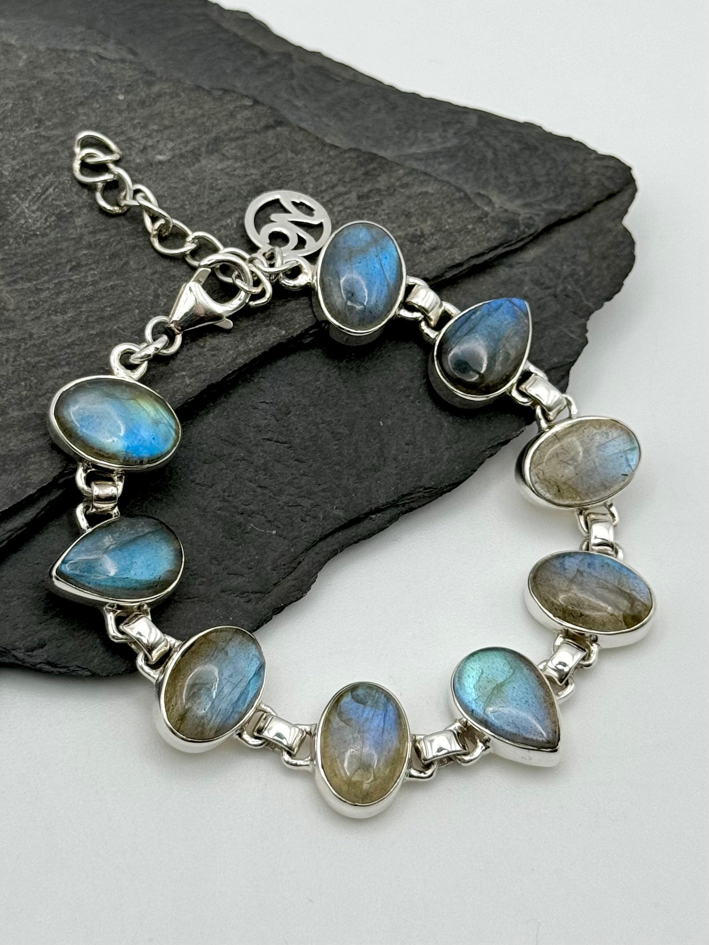 •LABRADORITE OVALS + TEARDROPS• multi-stone + silver bracelet (6.5"-7.5")