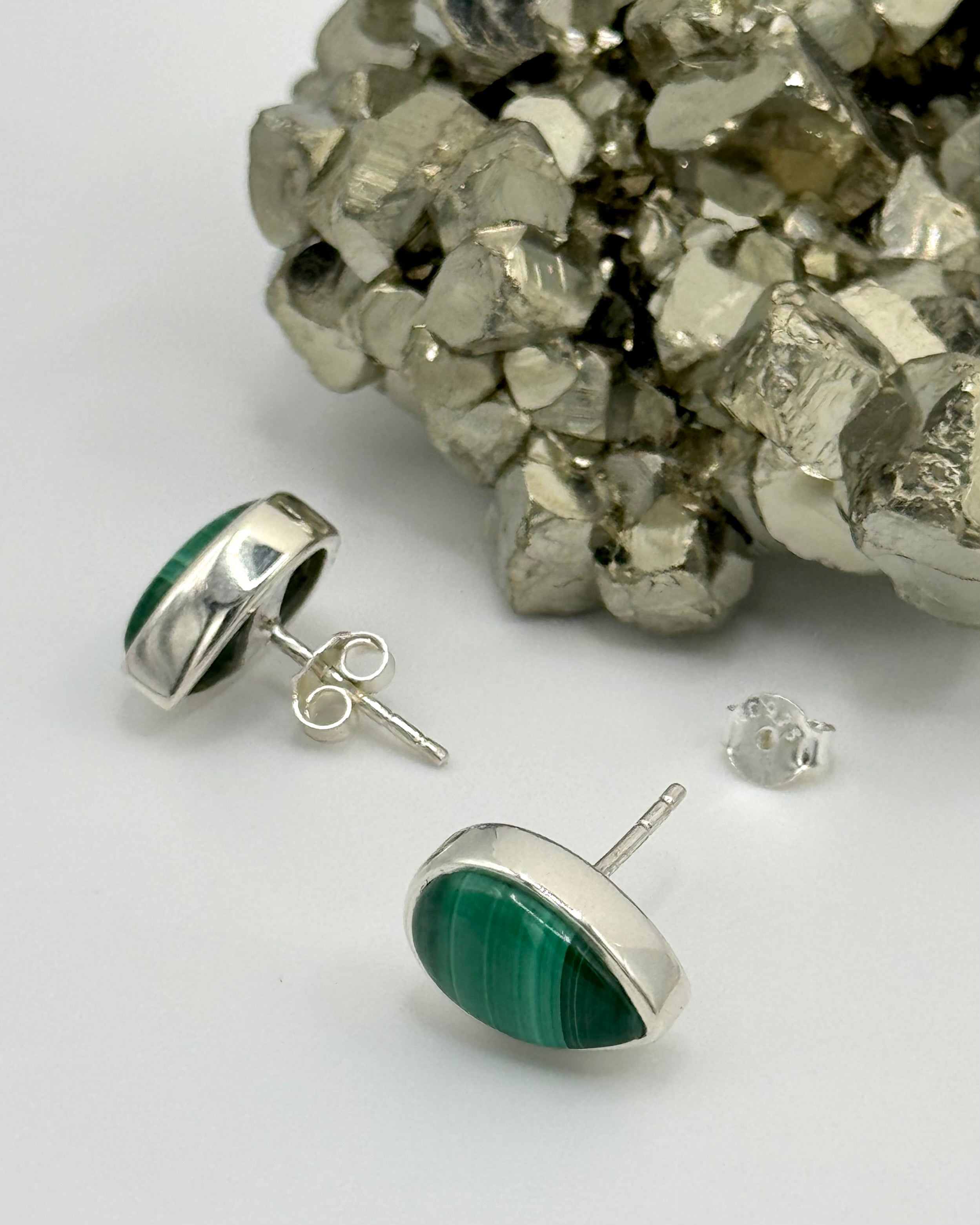 •MALACHITE - TEARDROP• silver bezel set stud earrings