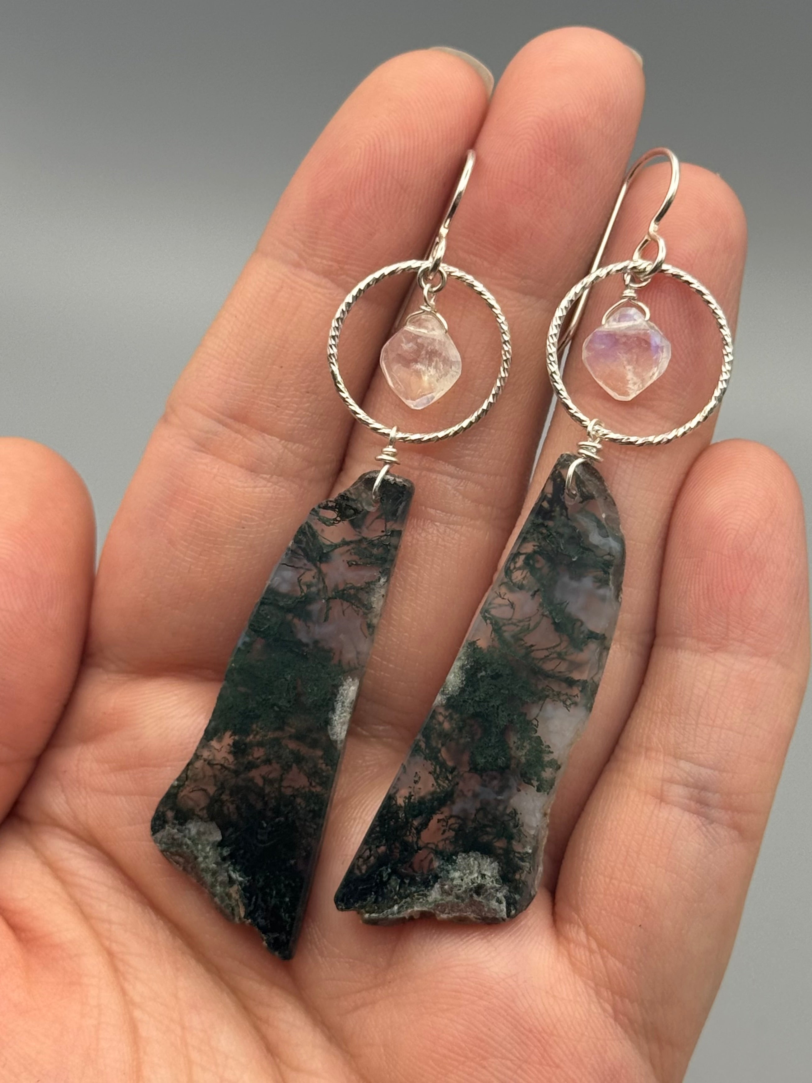 •LUNA• rainbow moonstone + moss agate silver earrings