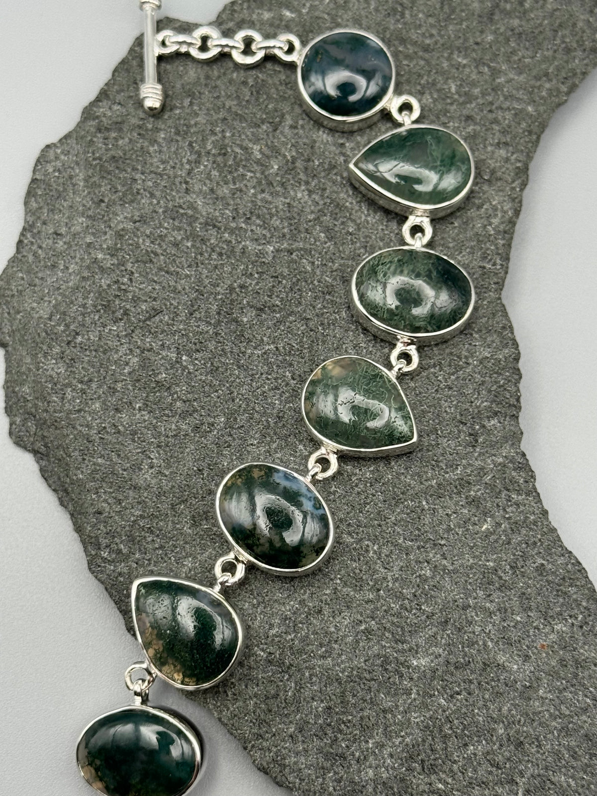 •MOSS AGATE - GEO MIX• linked silver bracelet (7.5" - 9")