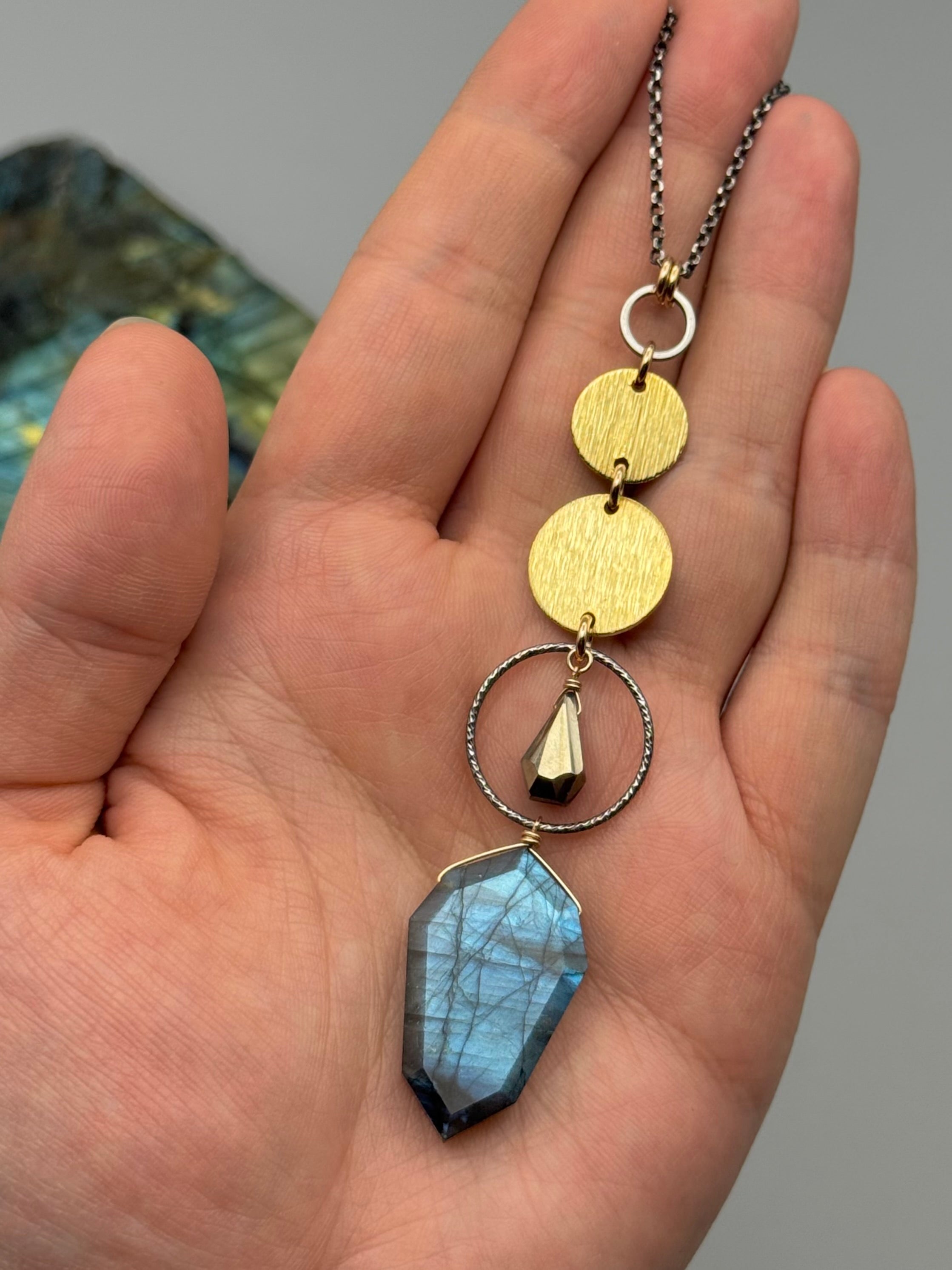 •NYX• pyrite + labradorite mixed metal necklace (26"-28" long)