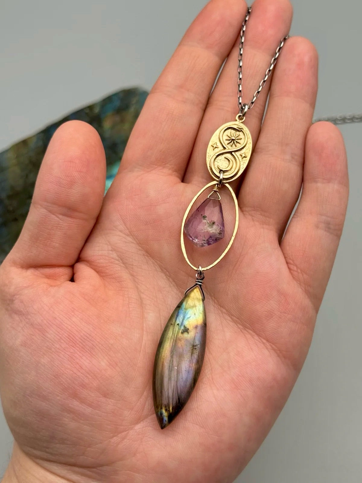 •NĀGA• amethyst + labradorite mixed metal necklace (26"-28" long)