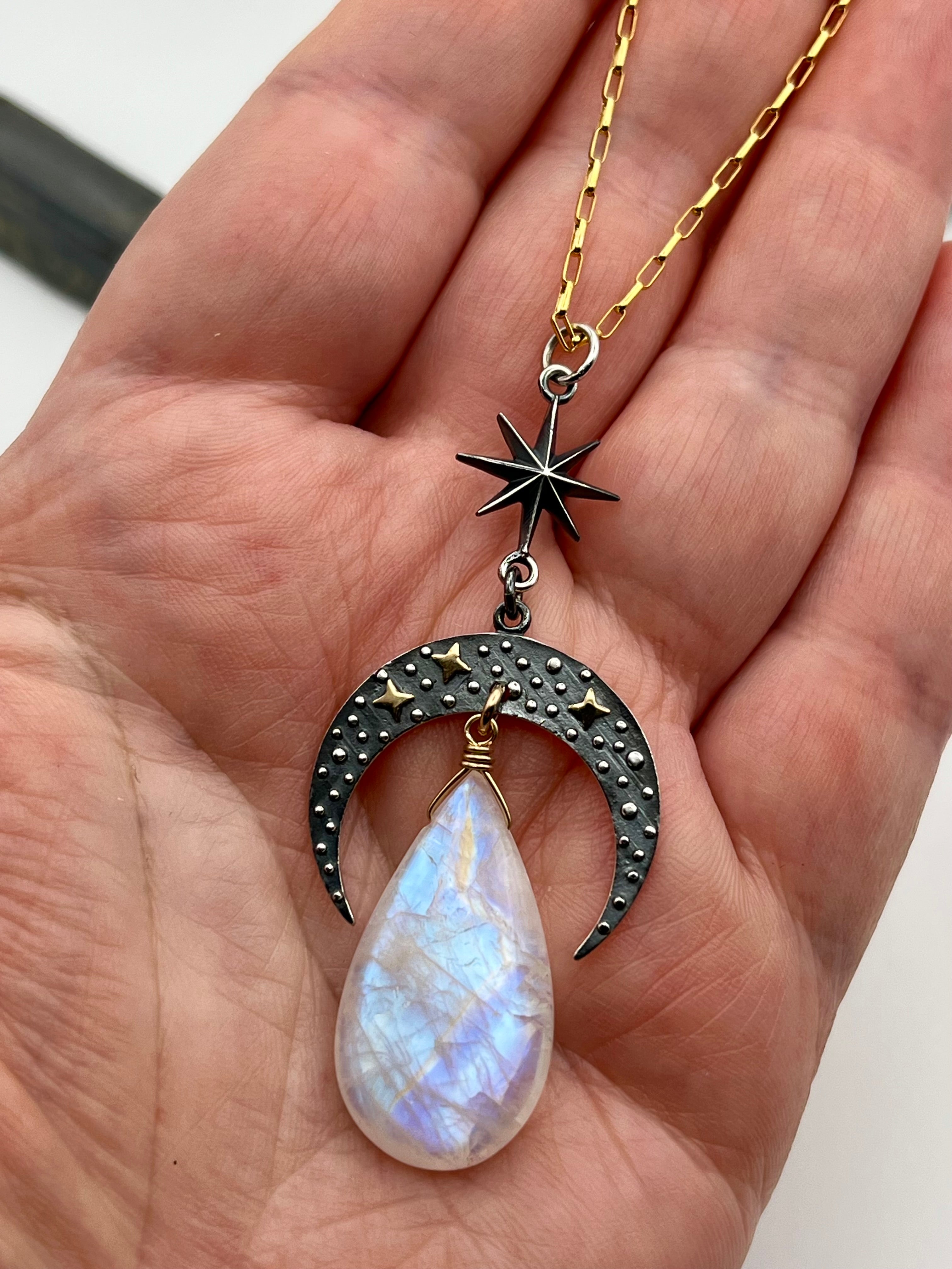 •NYX• rainbow moonstone + celestial crescent mixed metal necklace (26"-28" long)