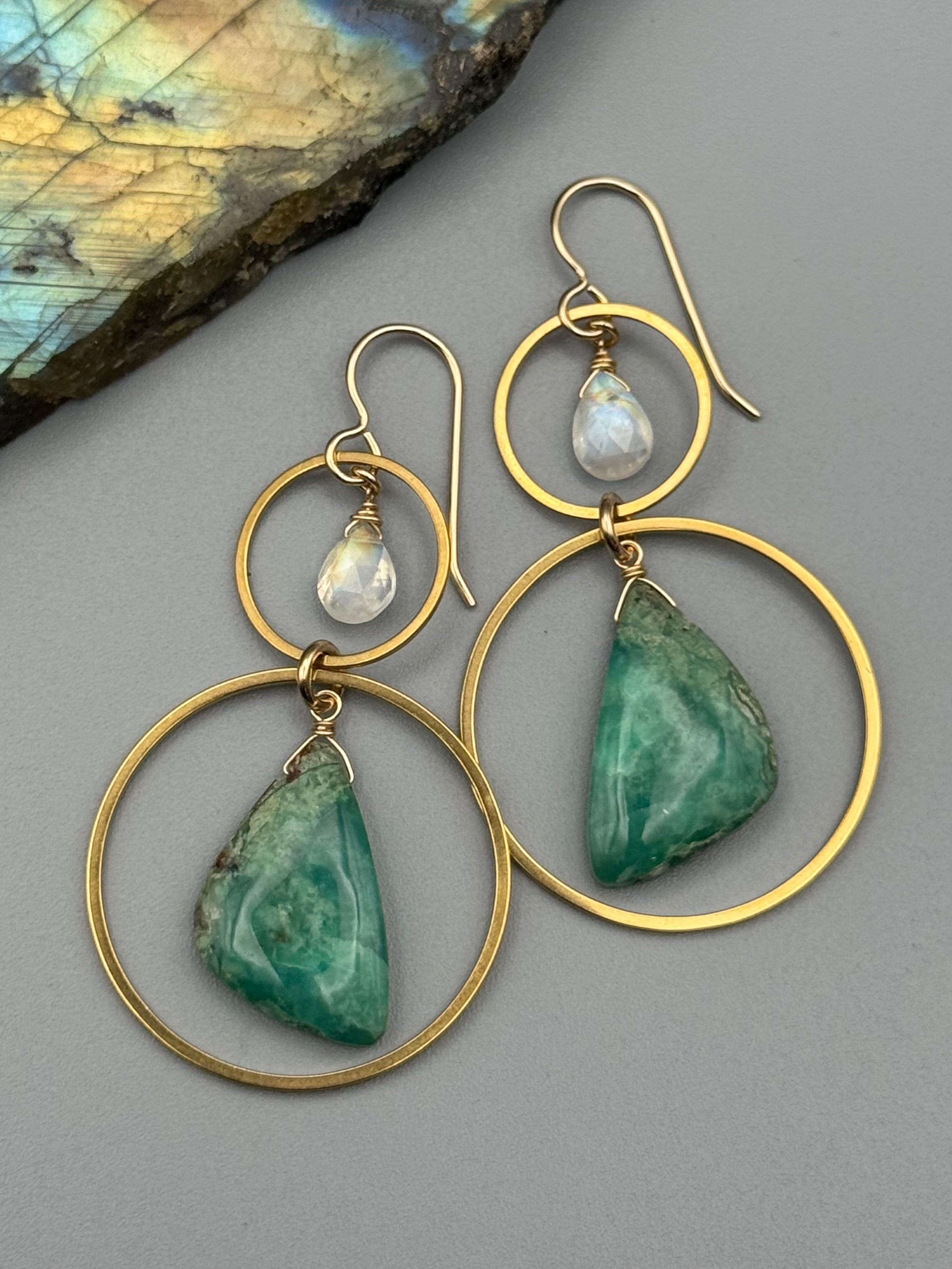 •4 OF CUPS• rainbow moonstone + chrysoprase wing gold earrings