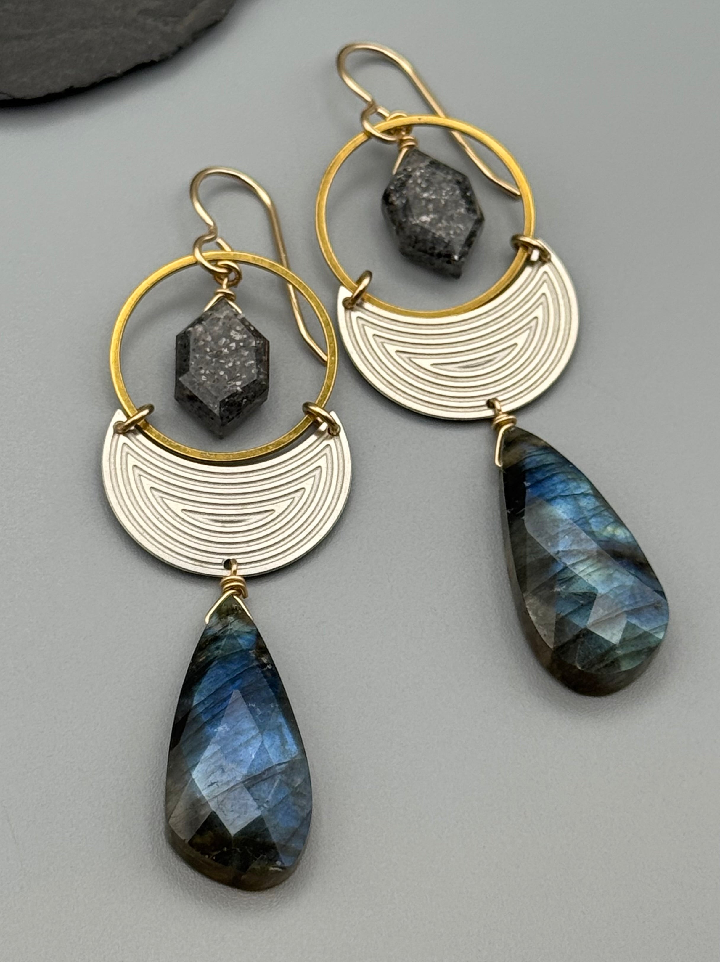 •MOON SHADOW• black aventurine + labradorite mixed metal earrings