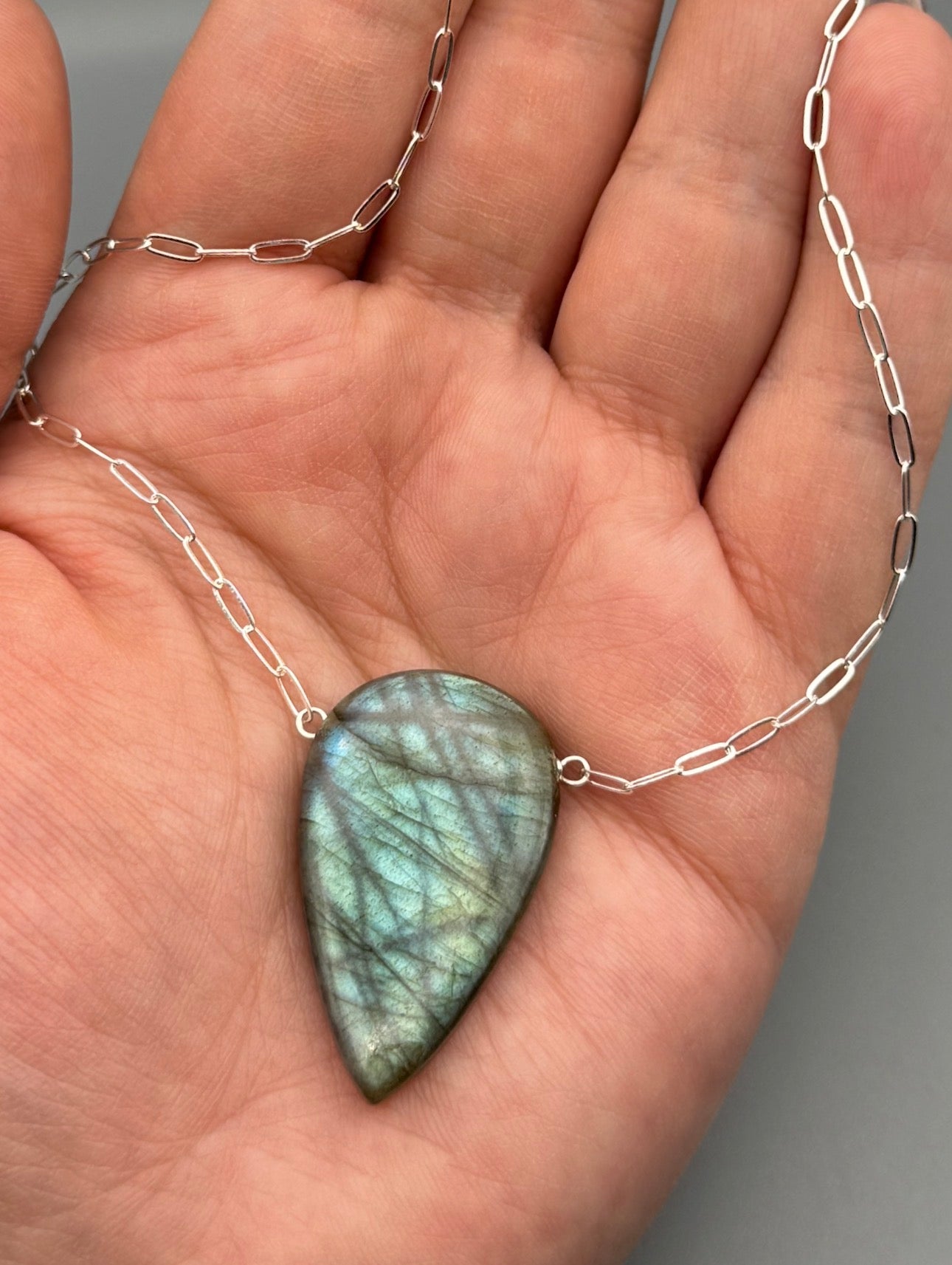 •AEON• labradorite spear tear + silver necklace (16"-18" long)