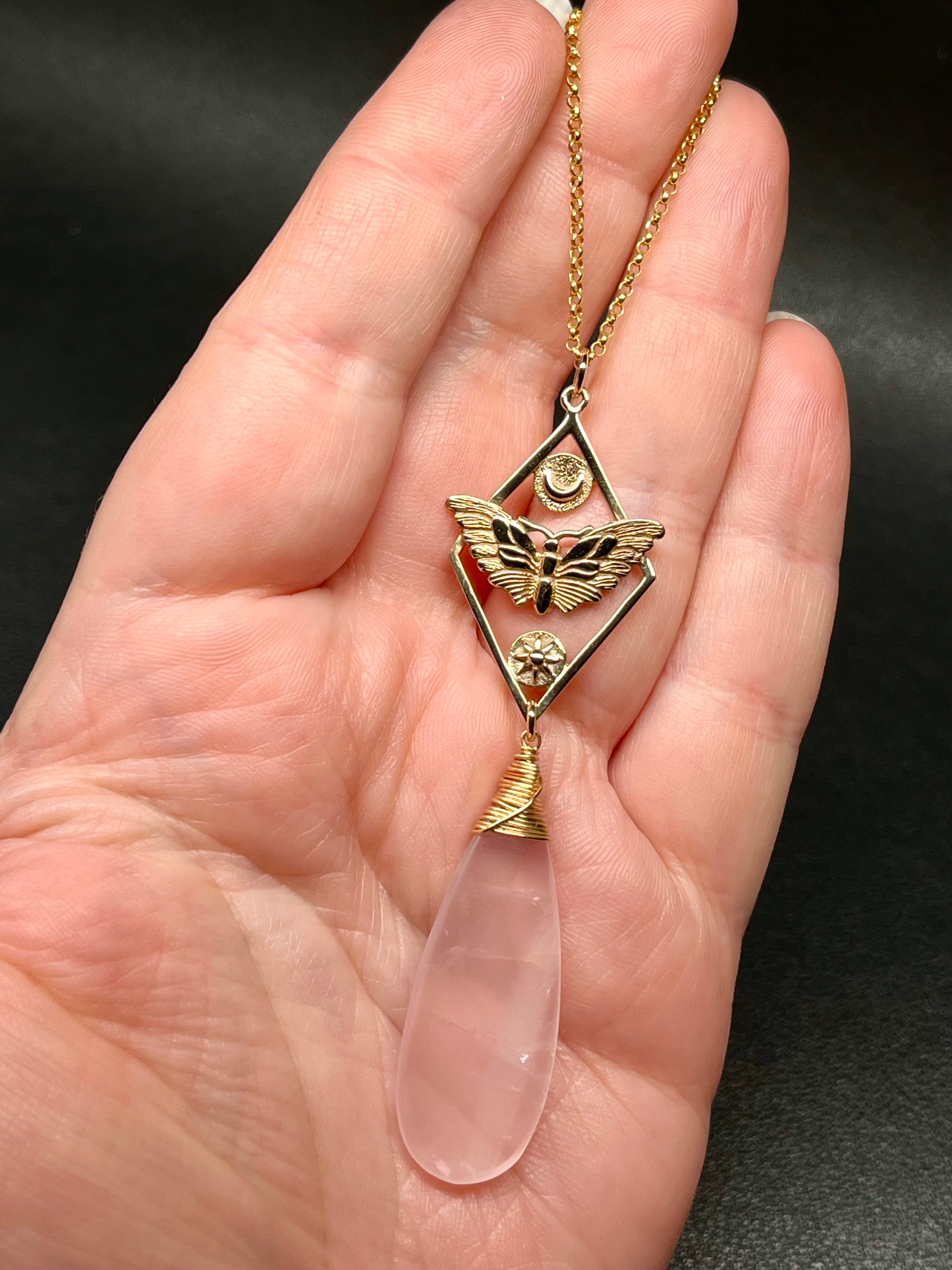 •GUIDE• rose quartz + moth + gold necklace (18"-20")