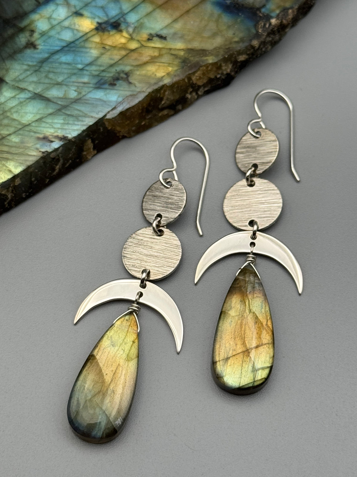 •NYX - MOONSTACK• golden labradorite tear + silver earrings