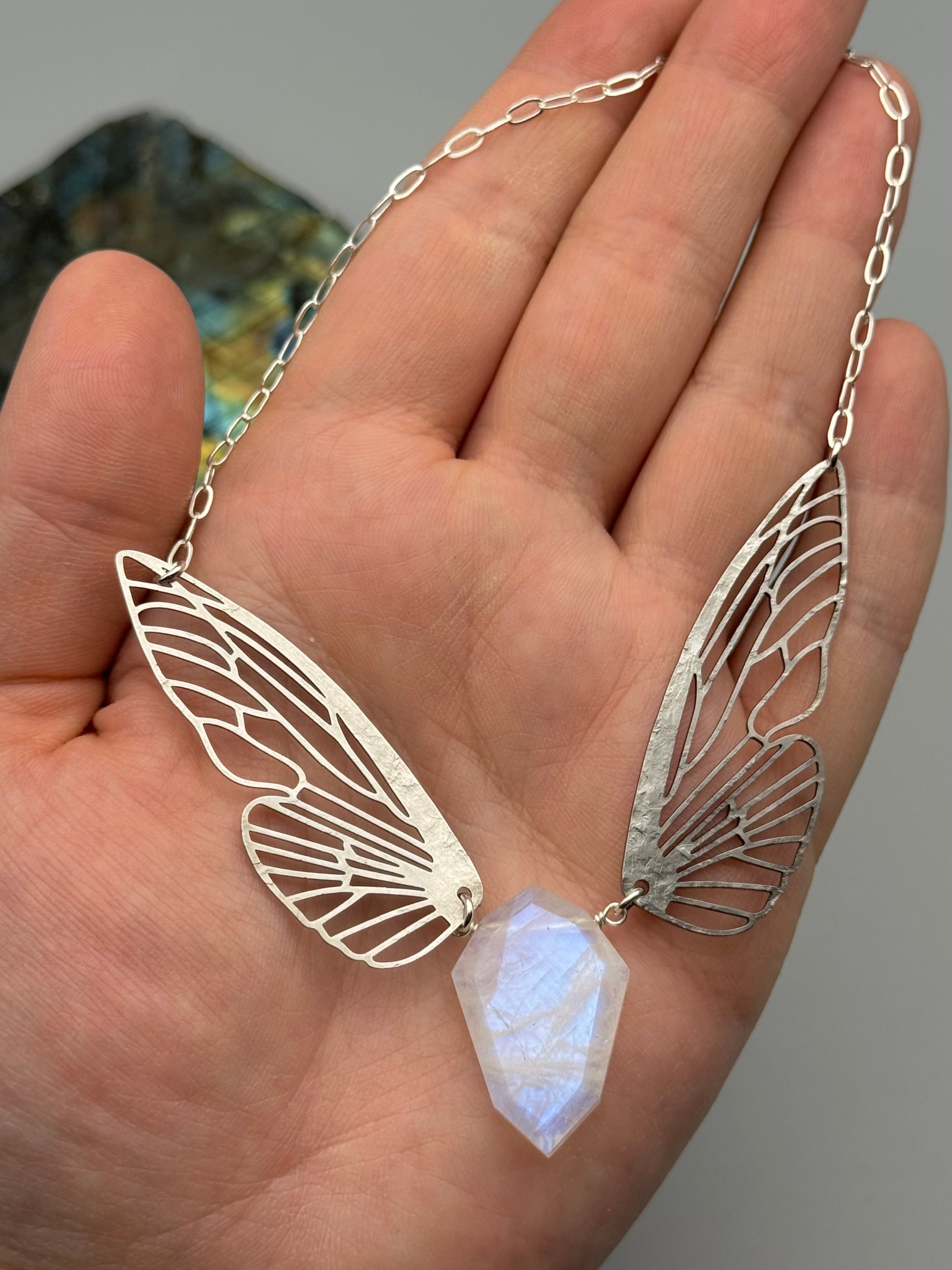 •METAMORPH• rainbow moonstone petal + silver necklace (16"-18" long)