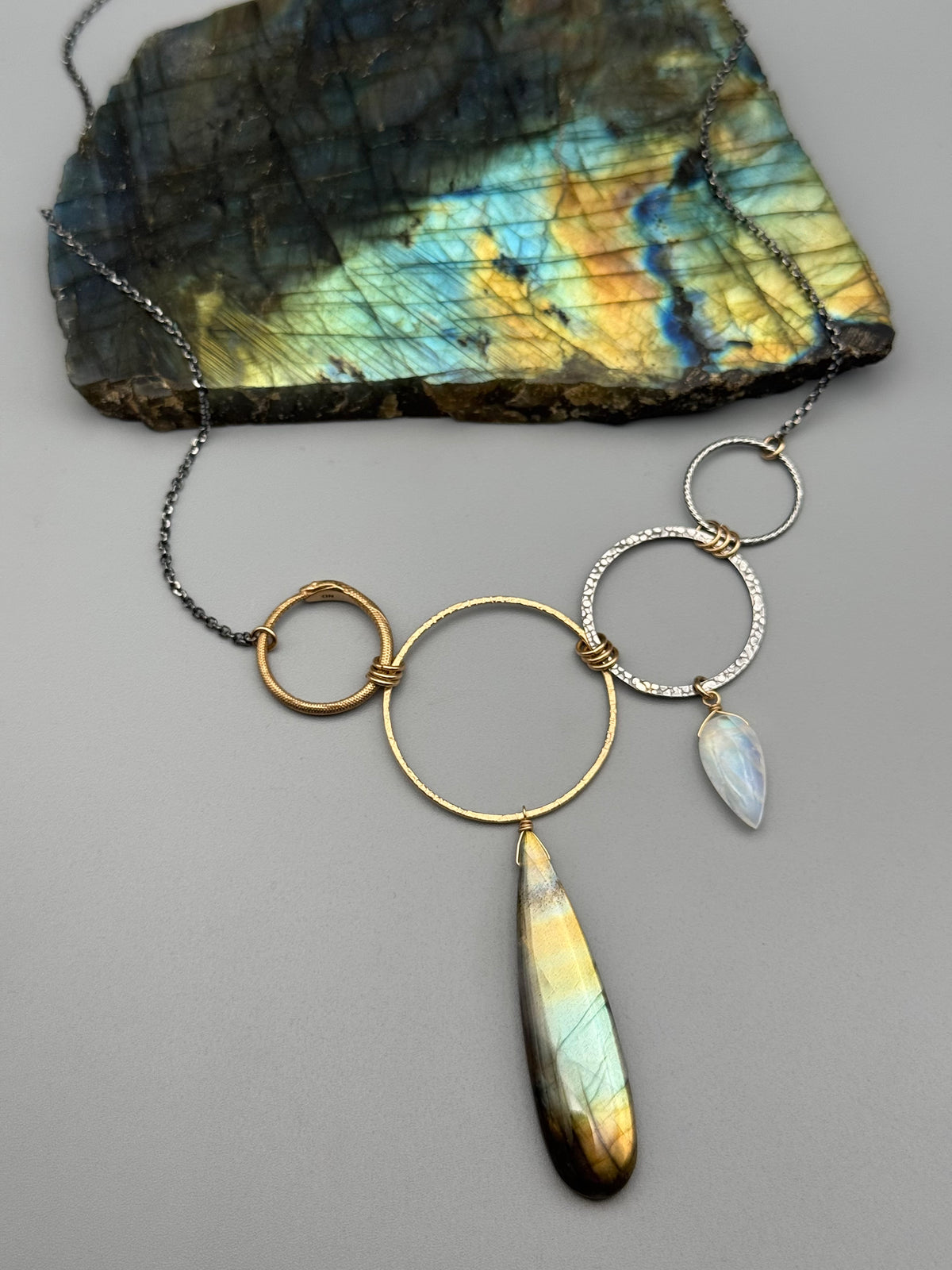 •UNION• labradorite + rainbow moonstone mixed metal necklace (16"-18" long)