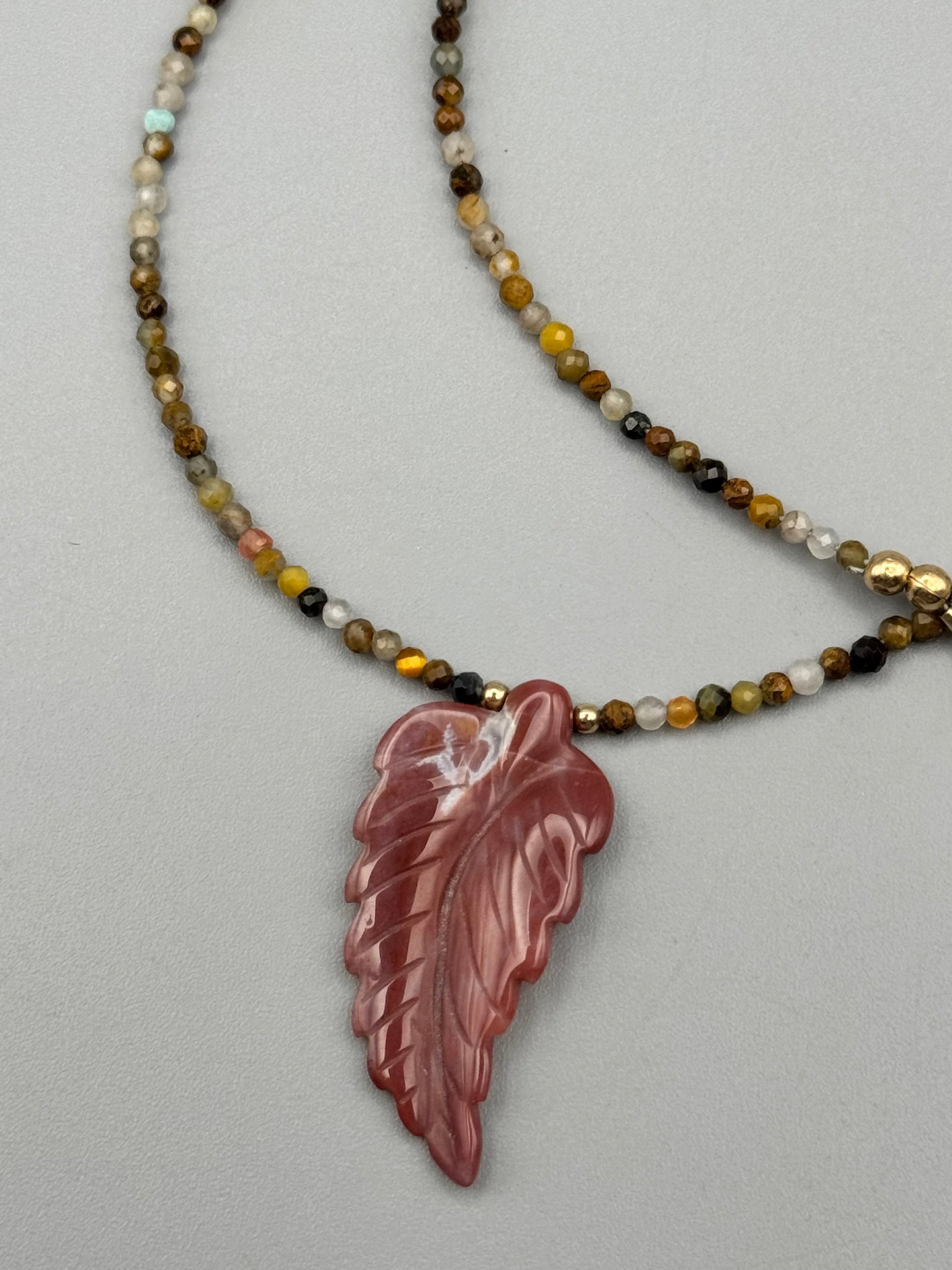 •PIETERSITE + INDIAN AGATE LEAF• gold beaded necklace (17" - 19" long)