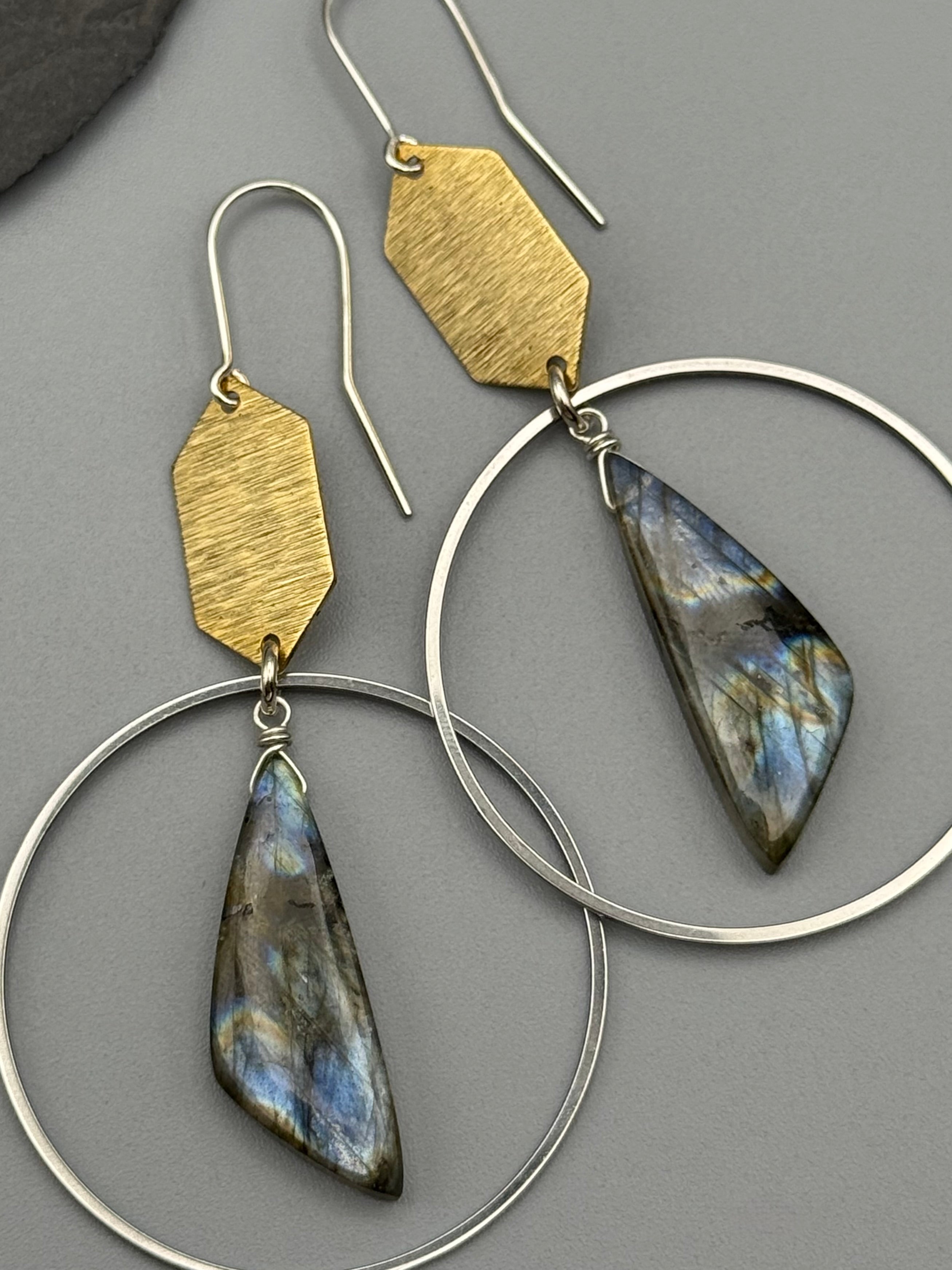 •HEX HOOP• labradorite + mixed metal earrings