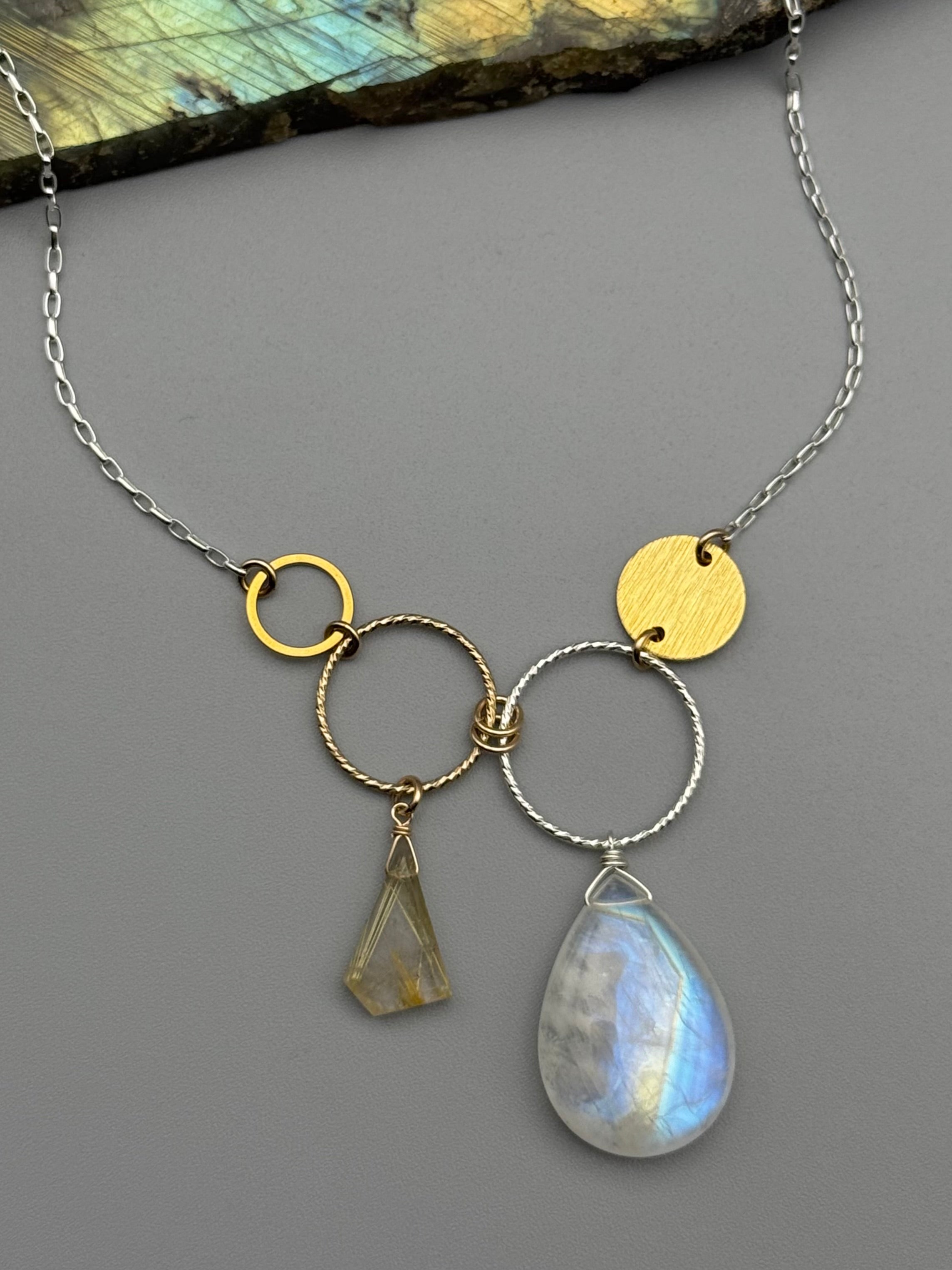 •UNION• rutilated quartz + rainbow moonstone mixed metal necklace (16"-18" long)