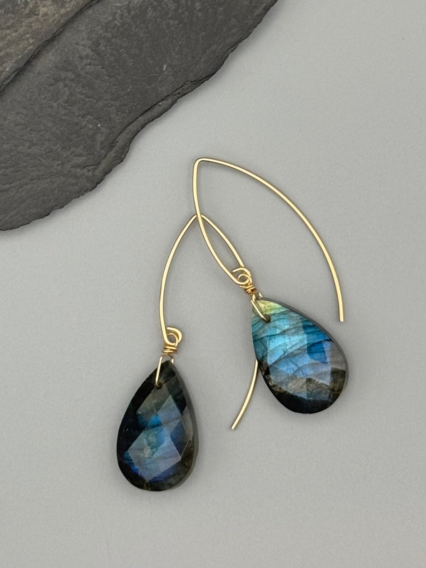 •STRAY• faceted labradorite tear + gold earrings