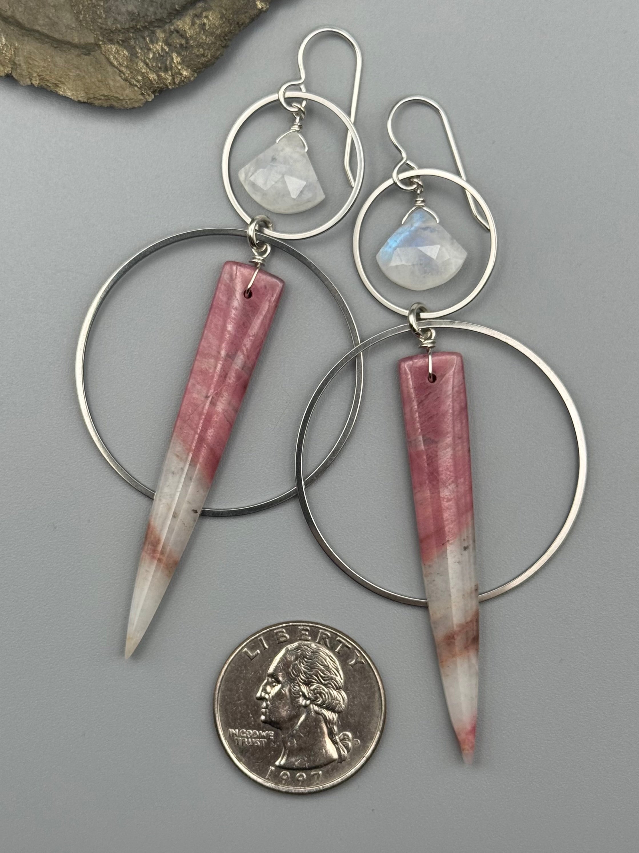 •EQUA-ORBIT• rainbow moonstone + rhodonite in quartz silver earrings