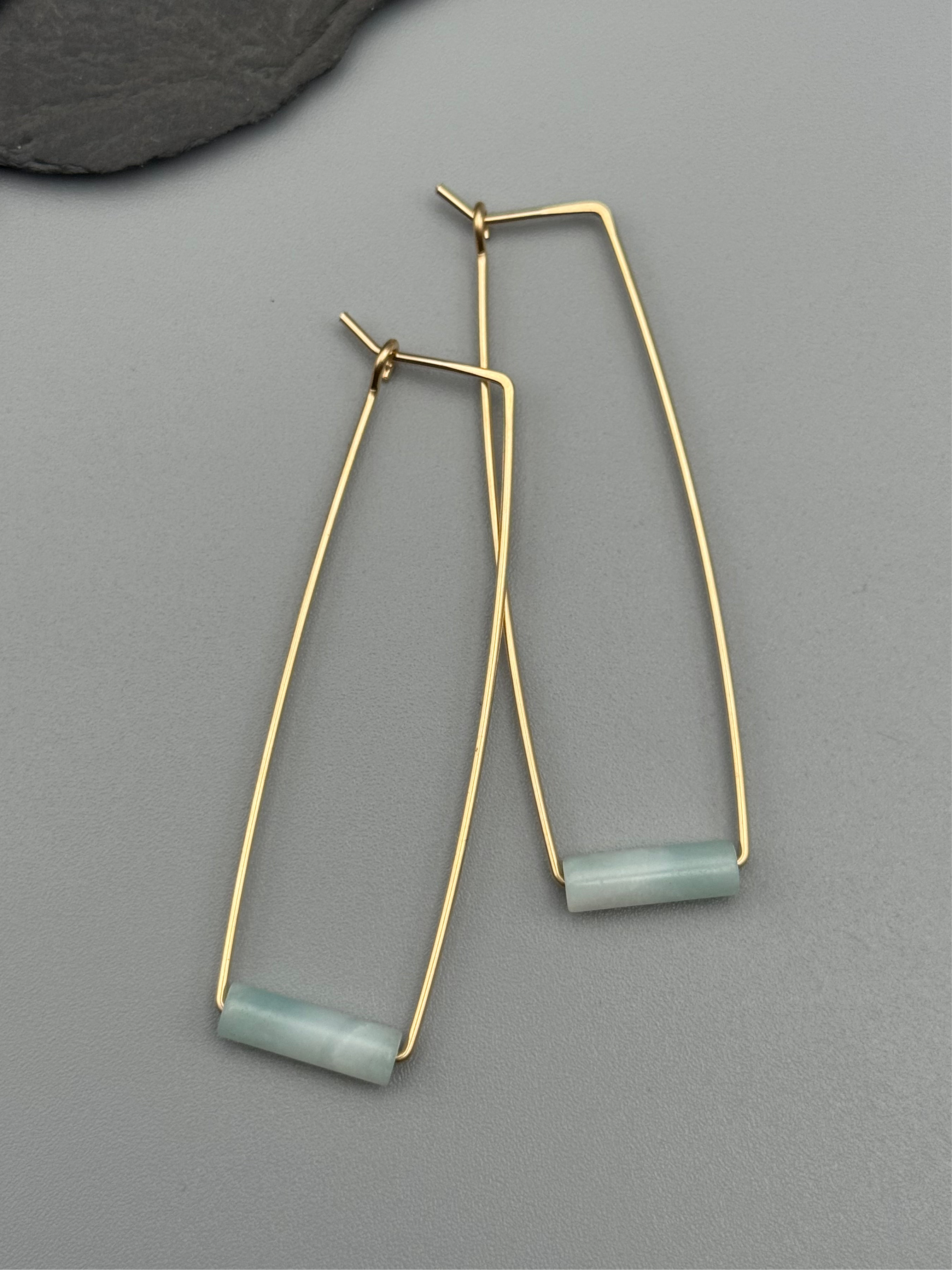 •RECTANGLE TUBE HOOP• aquamarine + gold earrings