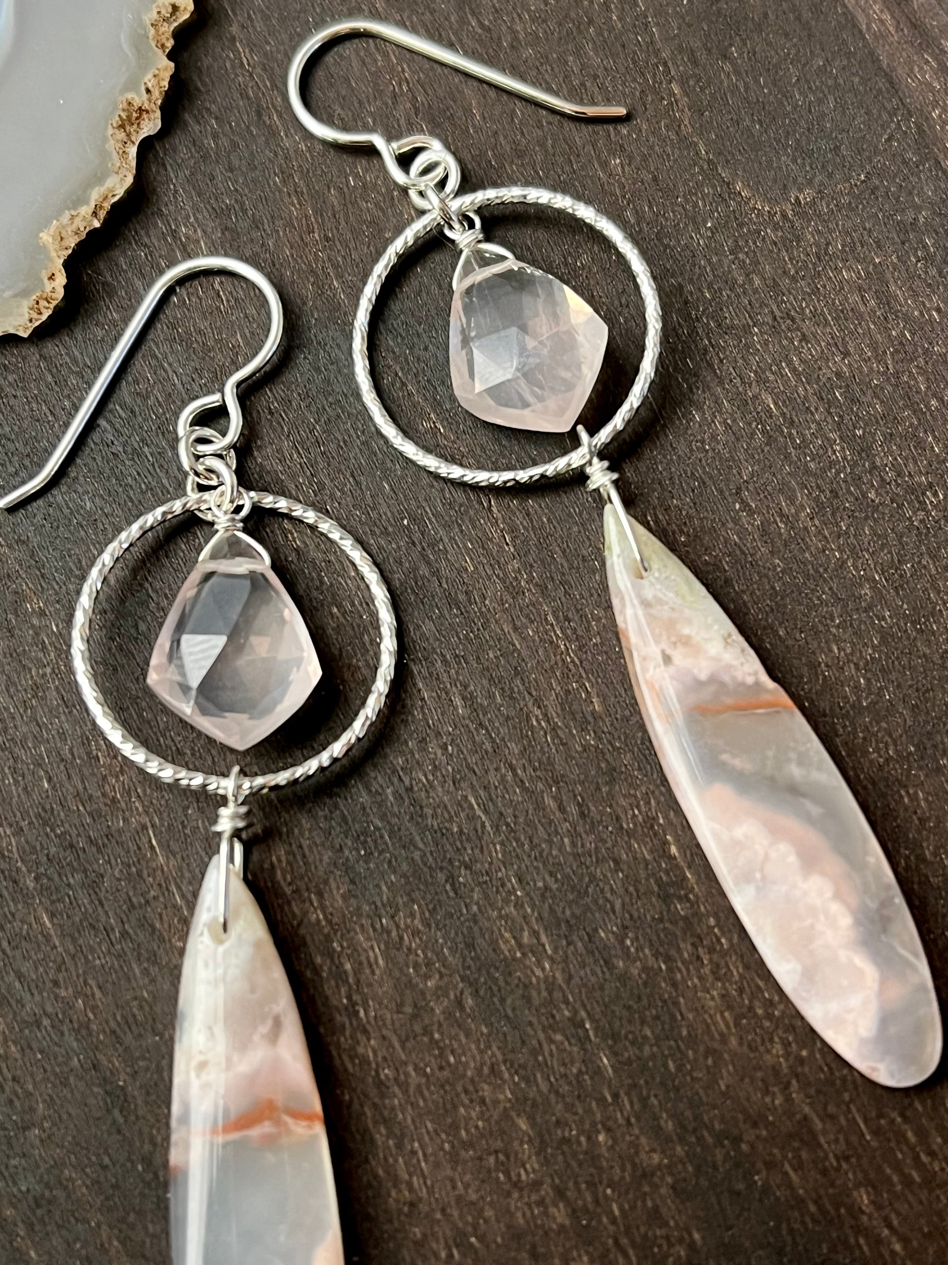 •LUNA• cherry blossom agate + rose quartz silver dangle earrings