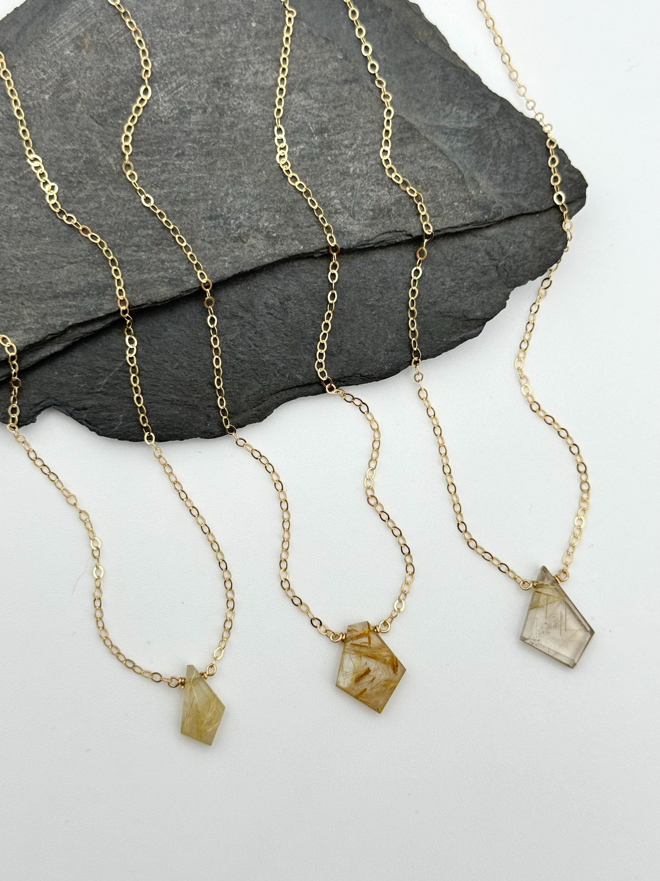 •STRAY• flat faceted rutilated quartz geo's  + gold necklace