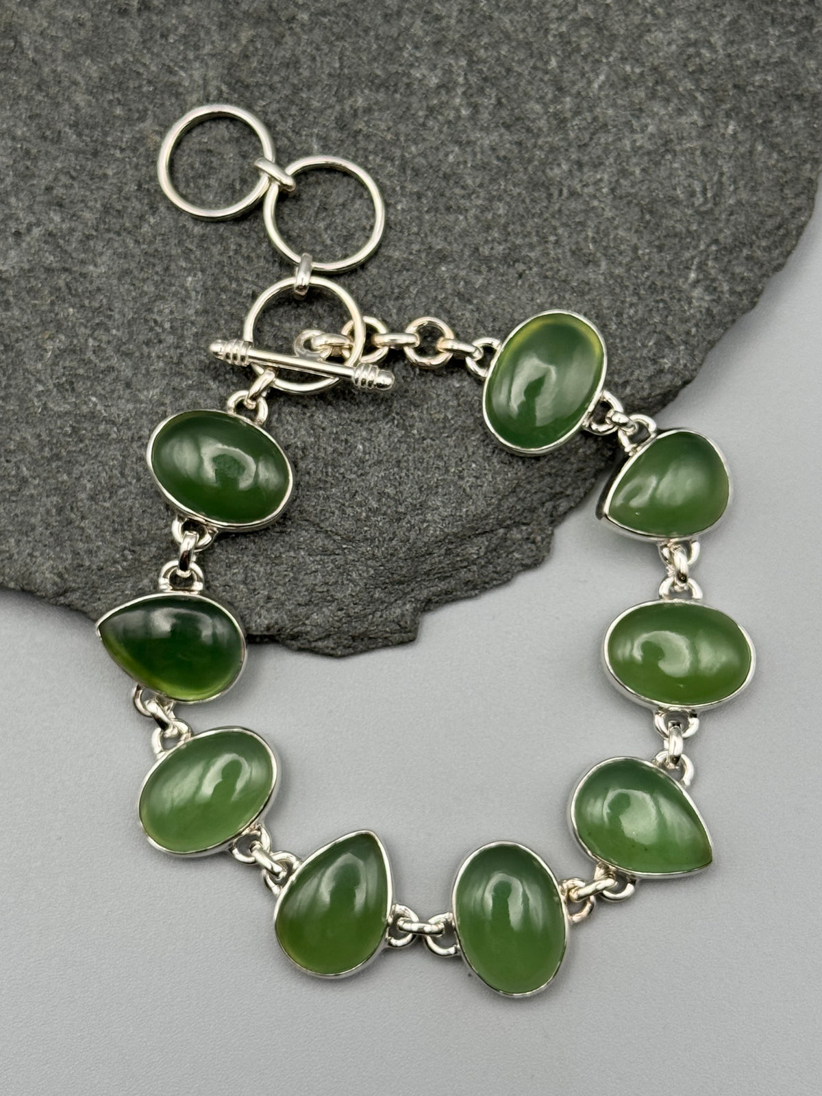 •NEPHRITE JADE - GEO MIX• linked silver bracelet (7" - 8.25")