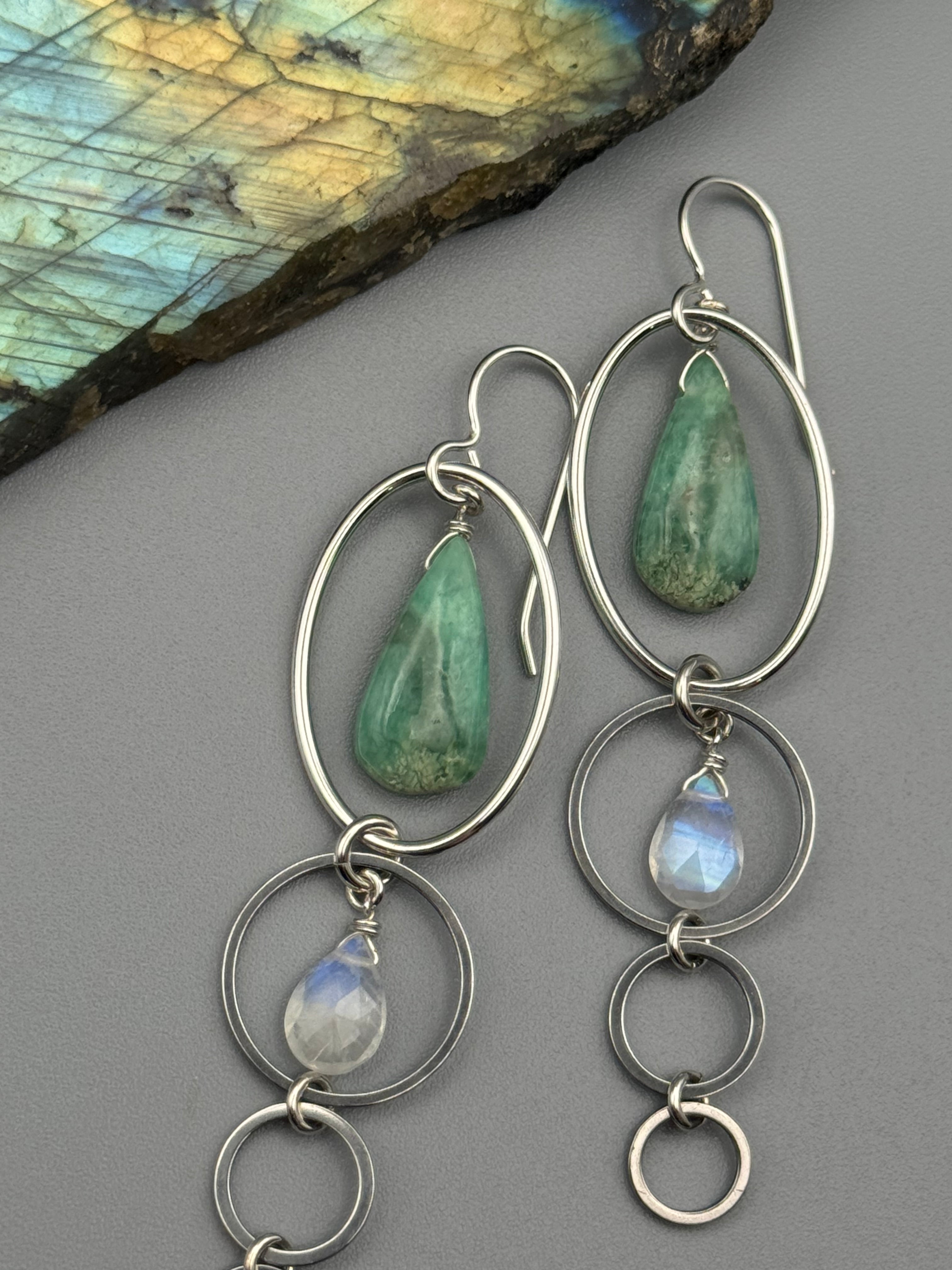 •8 OF CUPS• chrysoprase + rainbow moonstone silver earrings