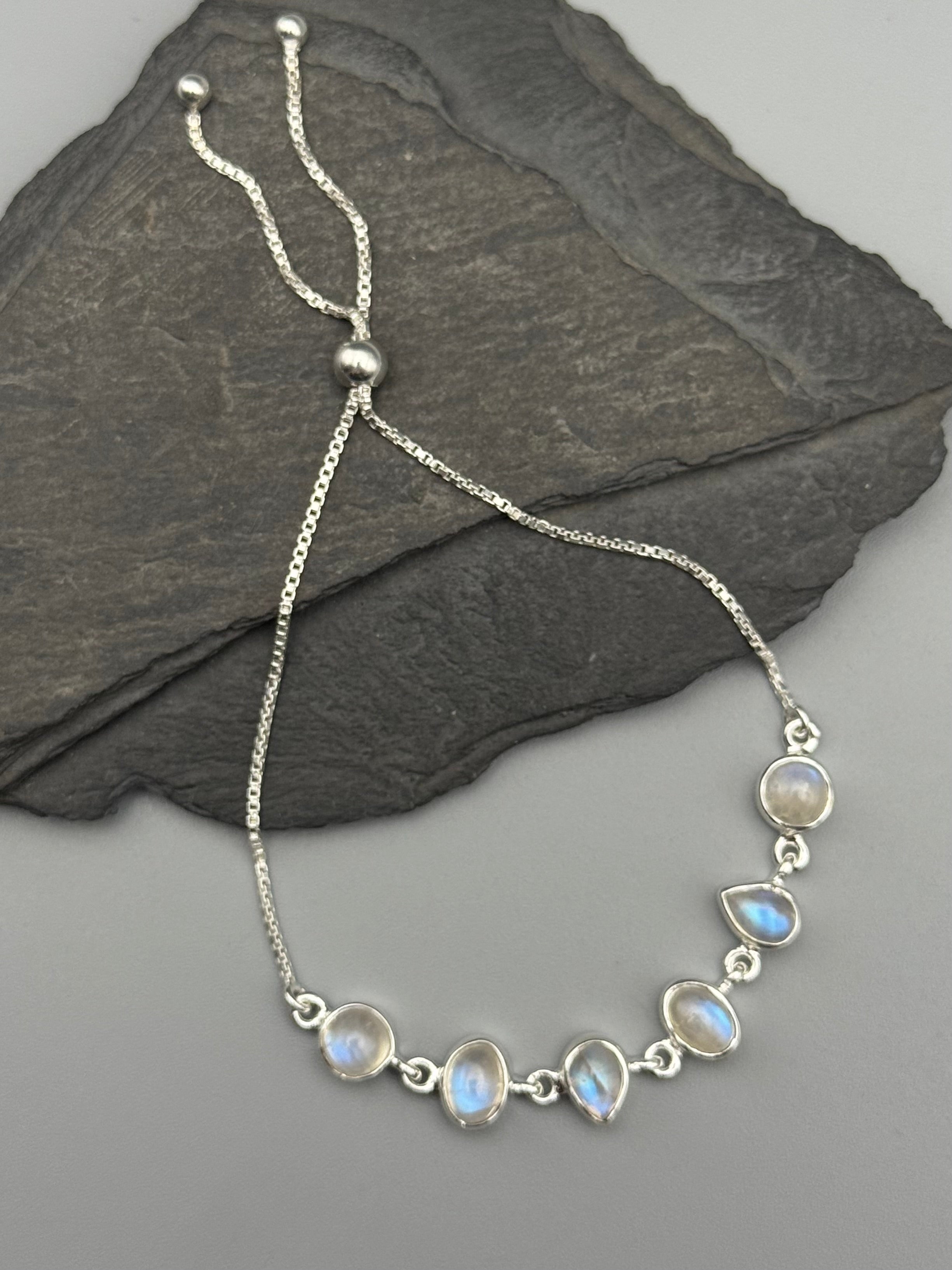 •RAINBOW MOONSTONE - GEO MIX• silver bolo bracelet (adj up to 9")