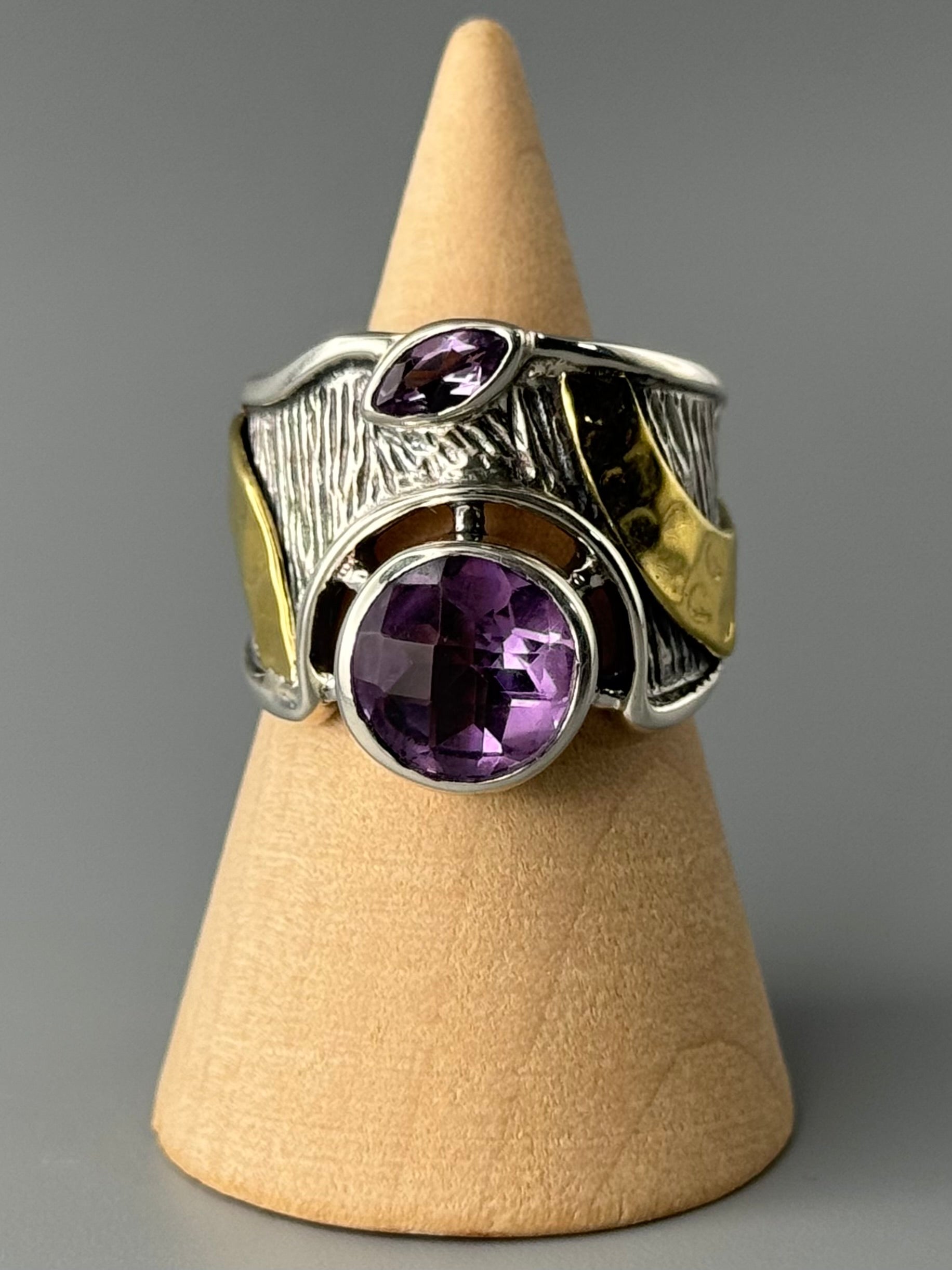 •FACETED AMETHYST - THE CROSSING• wide band mixed metal ring (various sizes)
