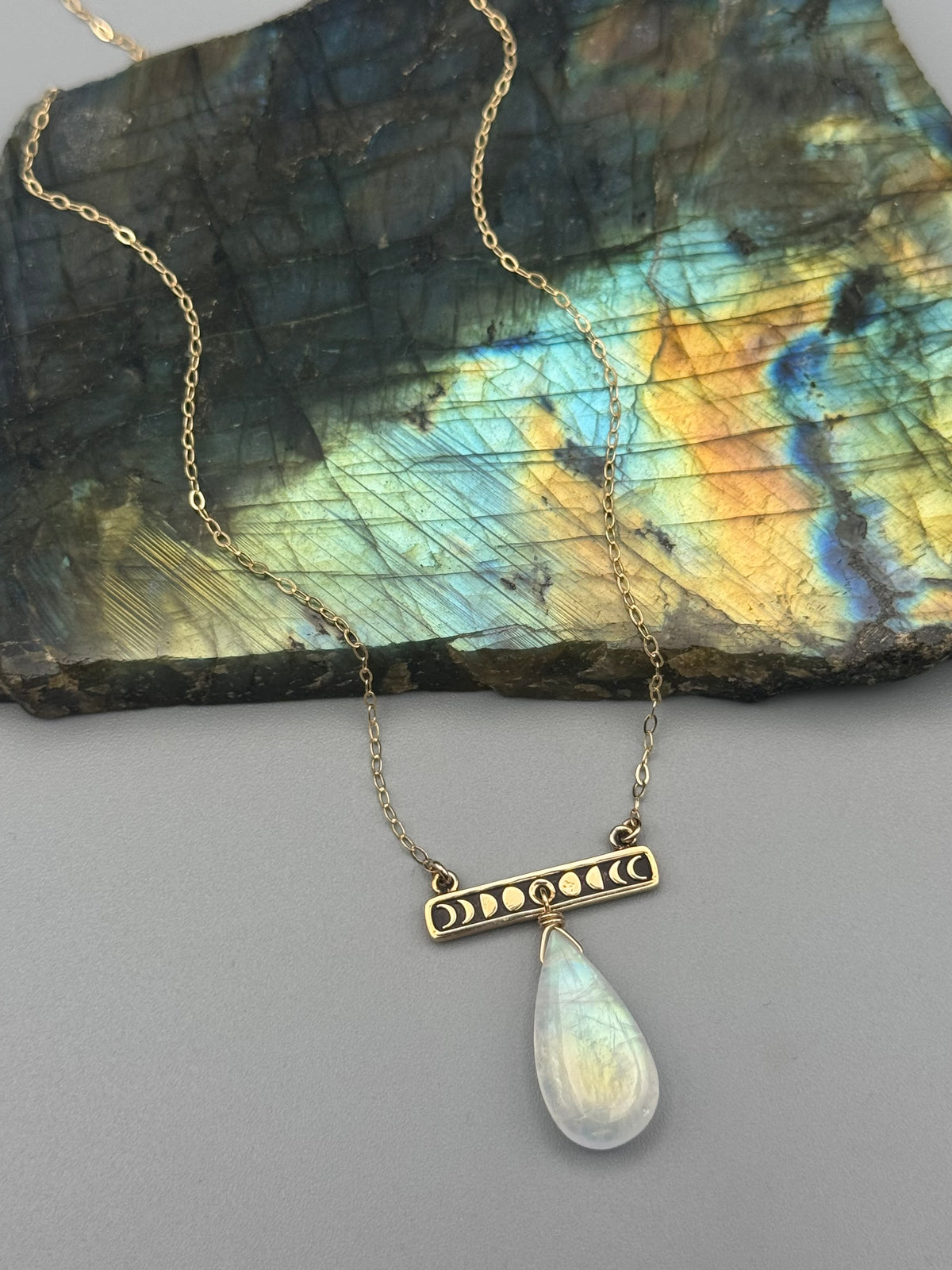 •NYX• rainbow moonstone + gold necklace (17"-19" long)