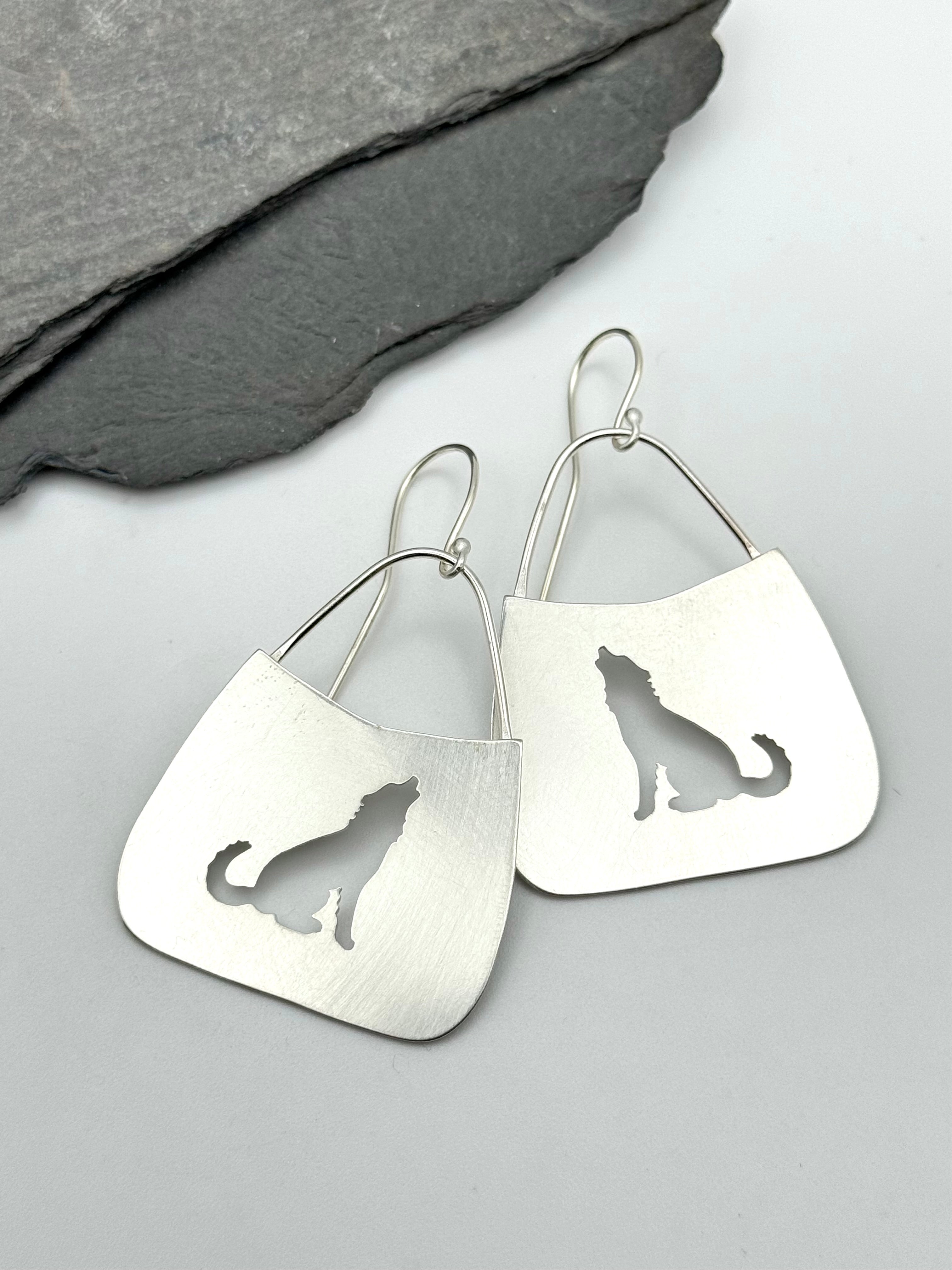 •SILVER RISING• wolf silhouette + silver dangle earrings