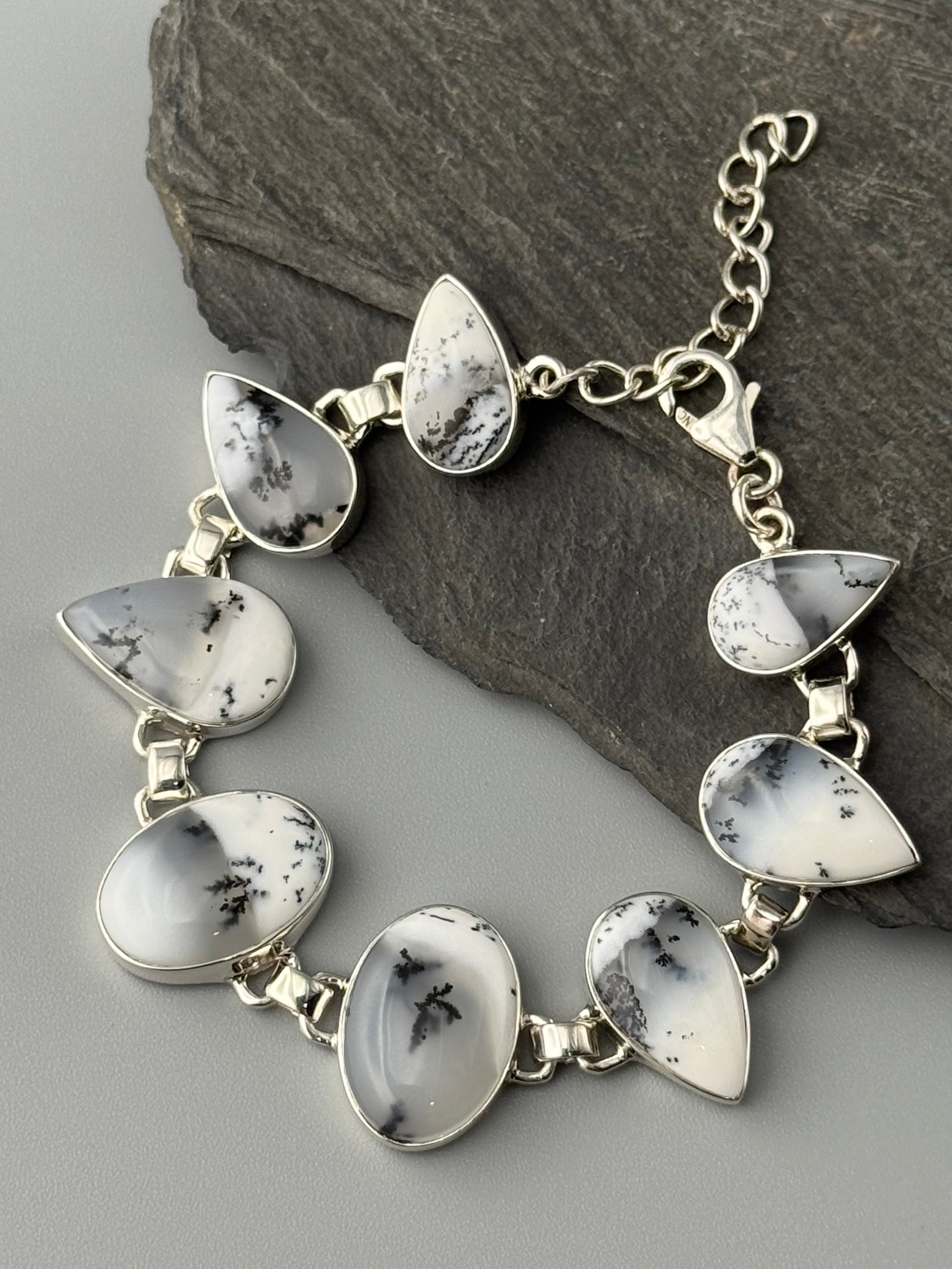 •DENDRITIC OPAL - GEO MIX• linked silver bracelet (6.25" - 7.5")