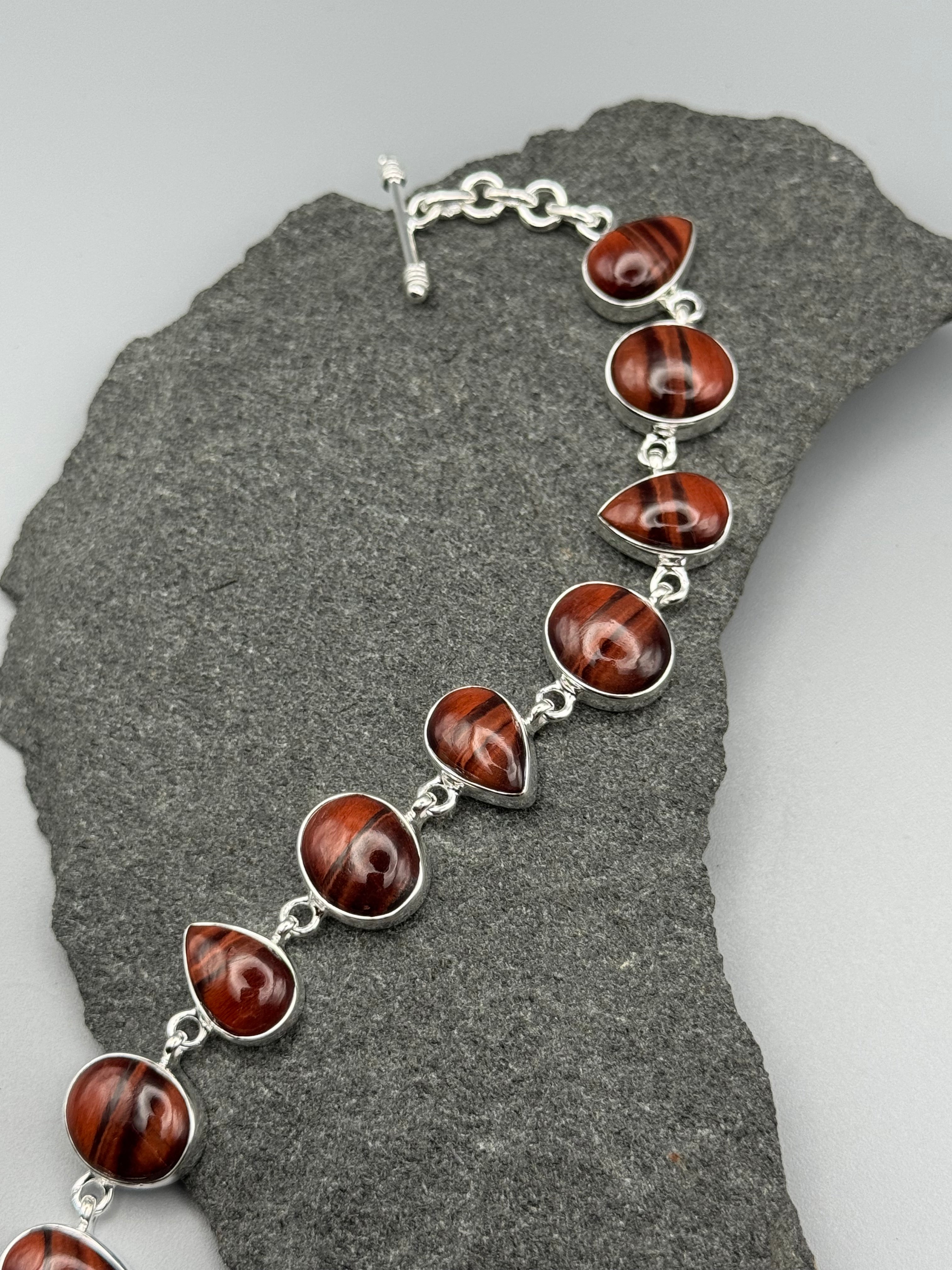 •RED TIGER EYE - GEO MIX• linked silver bracelet (7" - 8.25")