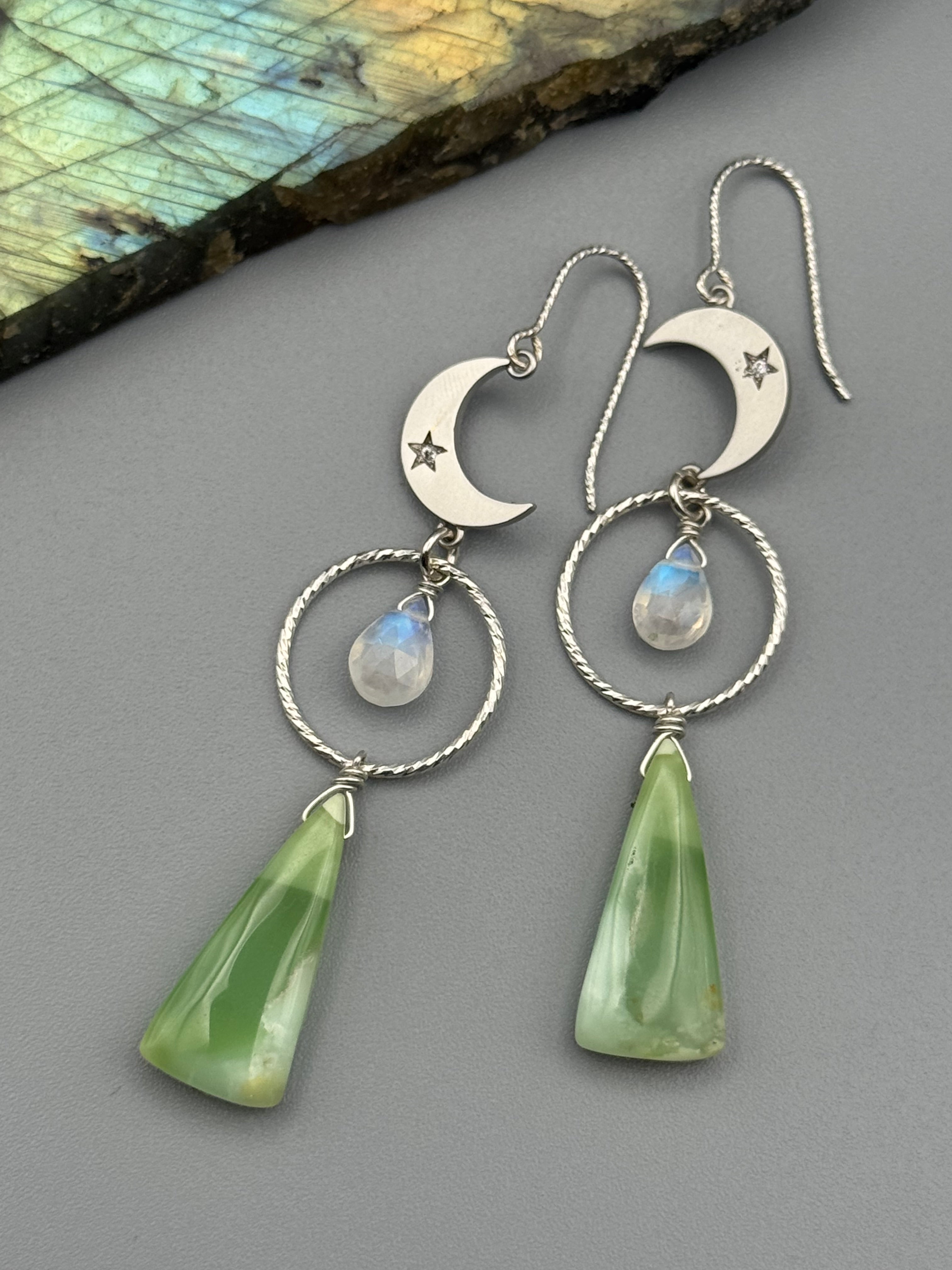 •NYX• rainbow moonstone + chrysoprase silver earrings