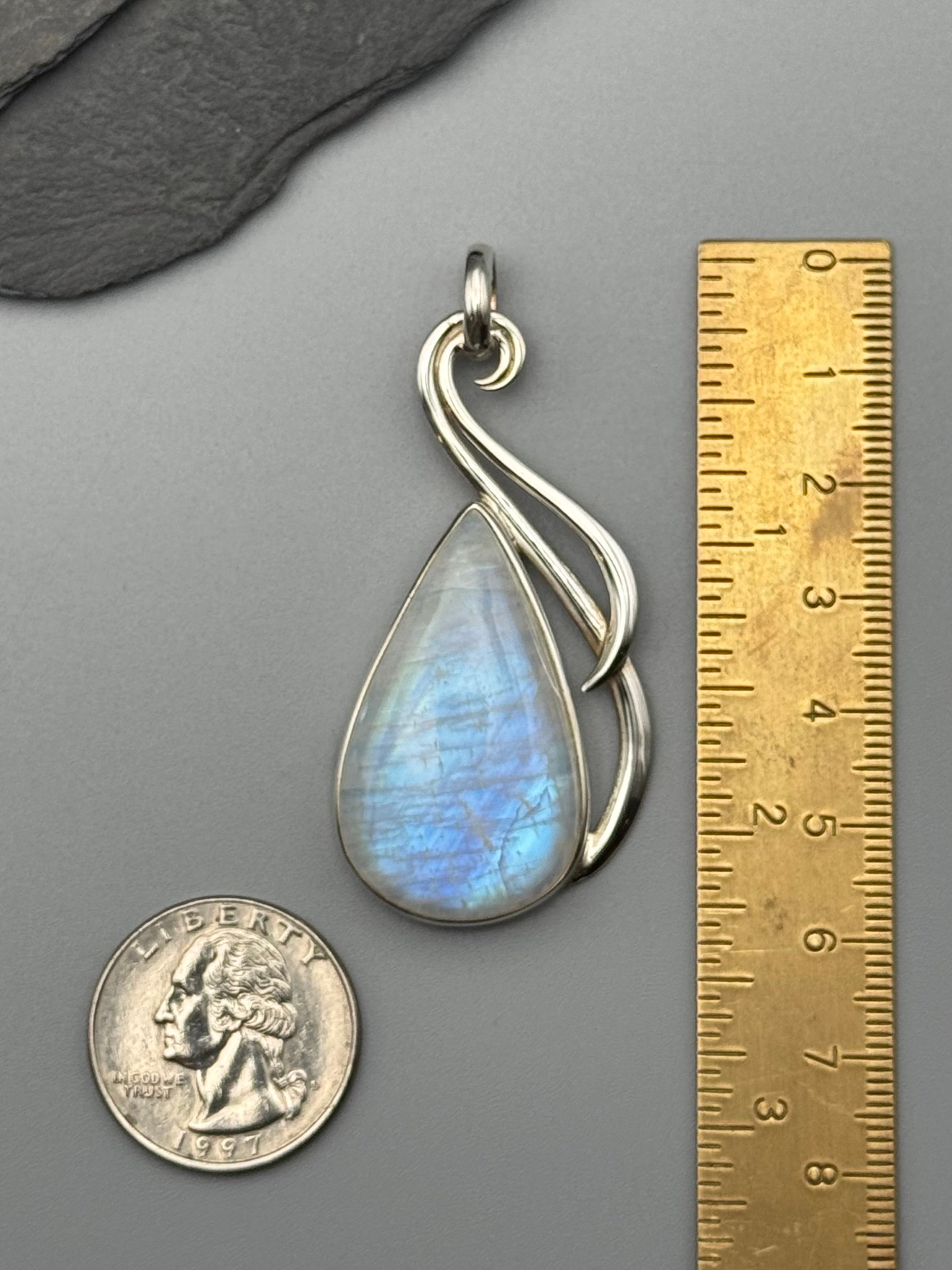 •RAINBOW MOONSTONE TEAR - LARGE FLOURISH• sterling silver pendant