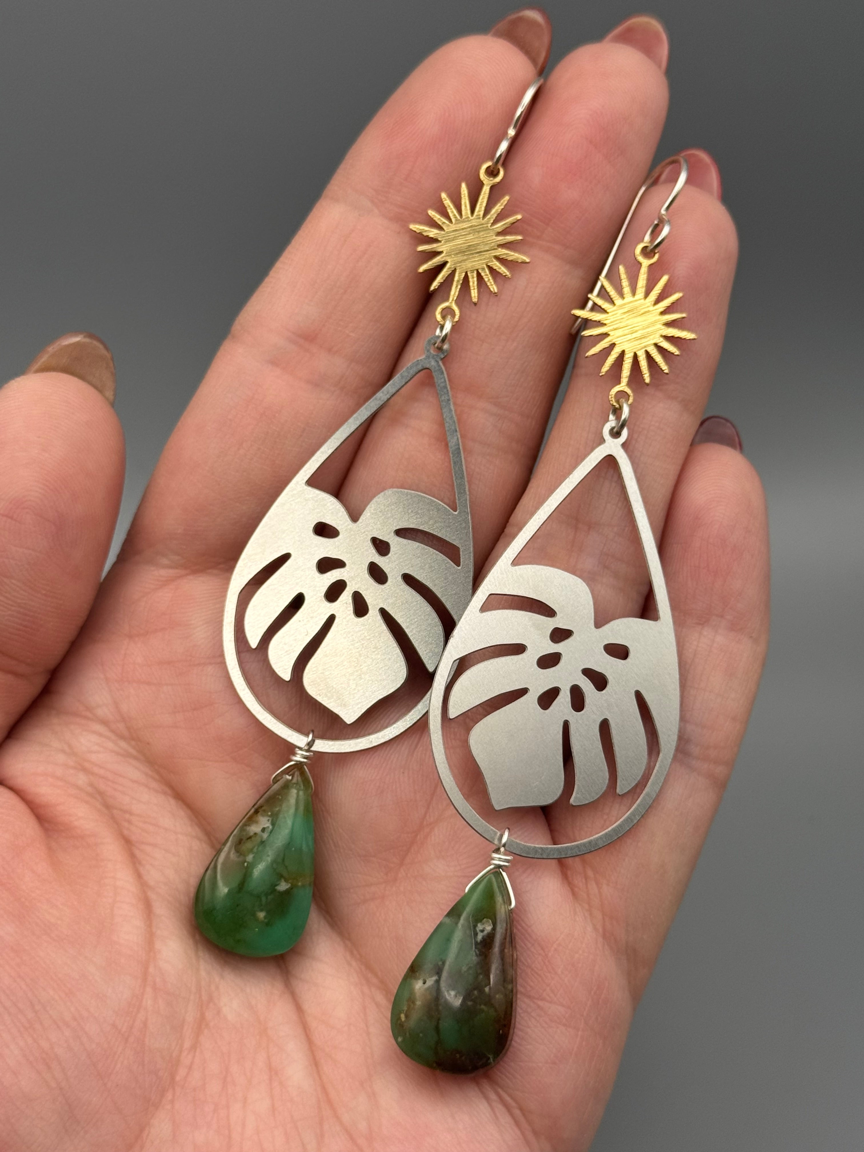 •MONSTERA SOL• chrysoprase tear + mixed metal earrings