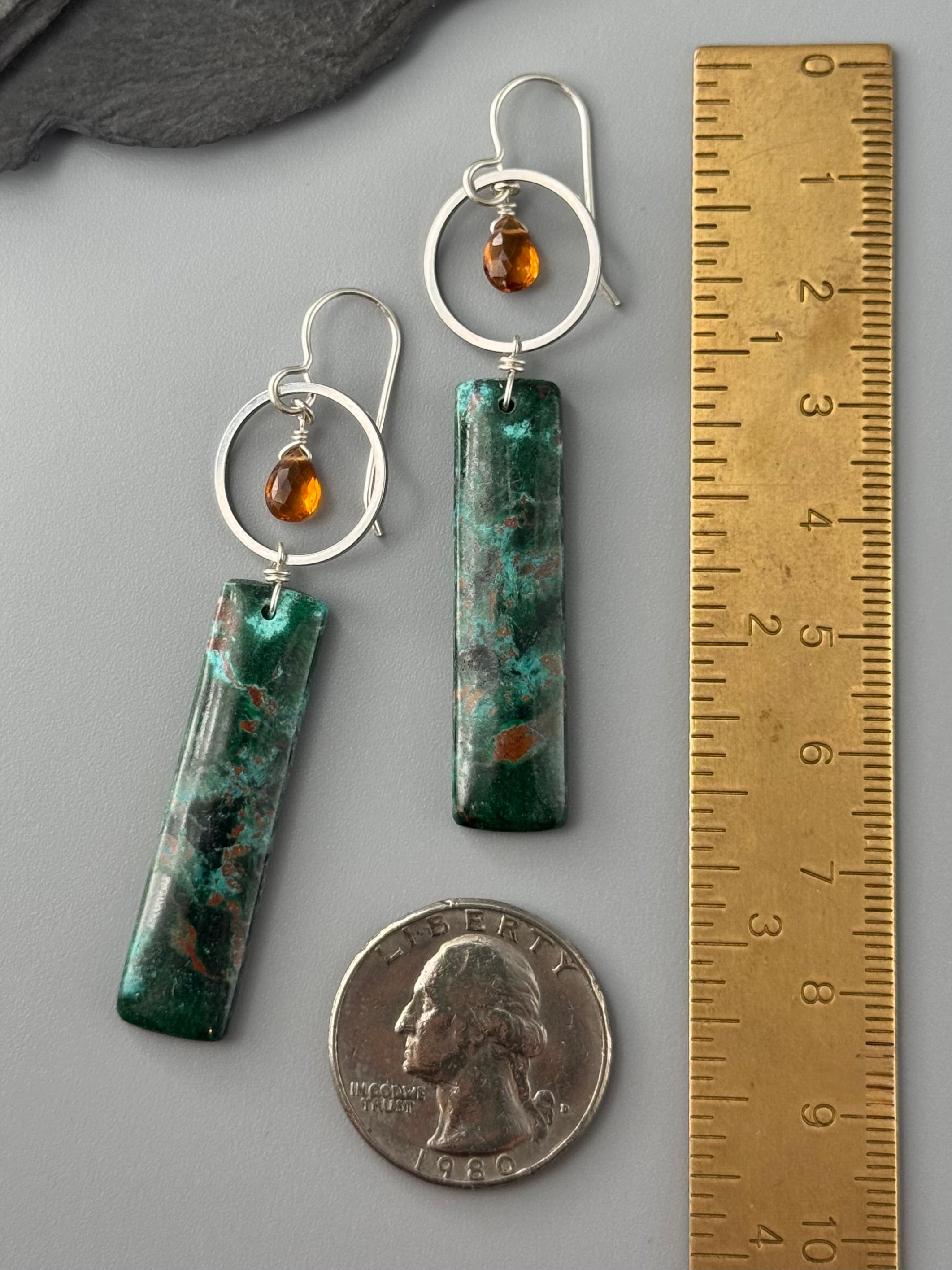 •LUNA• hessonite garnet + malachite silver earrings