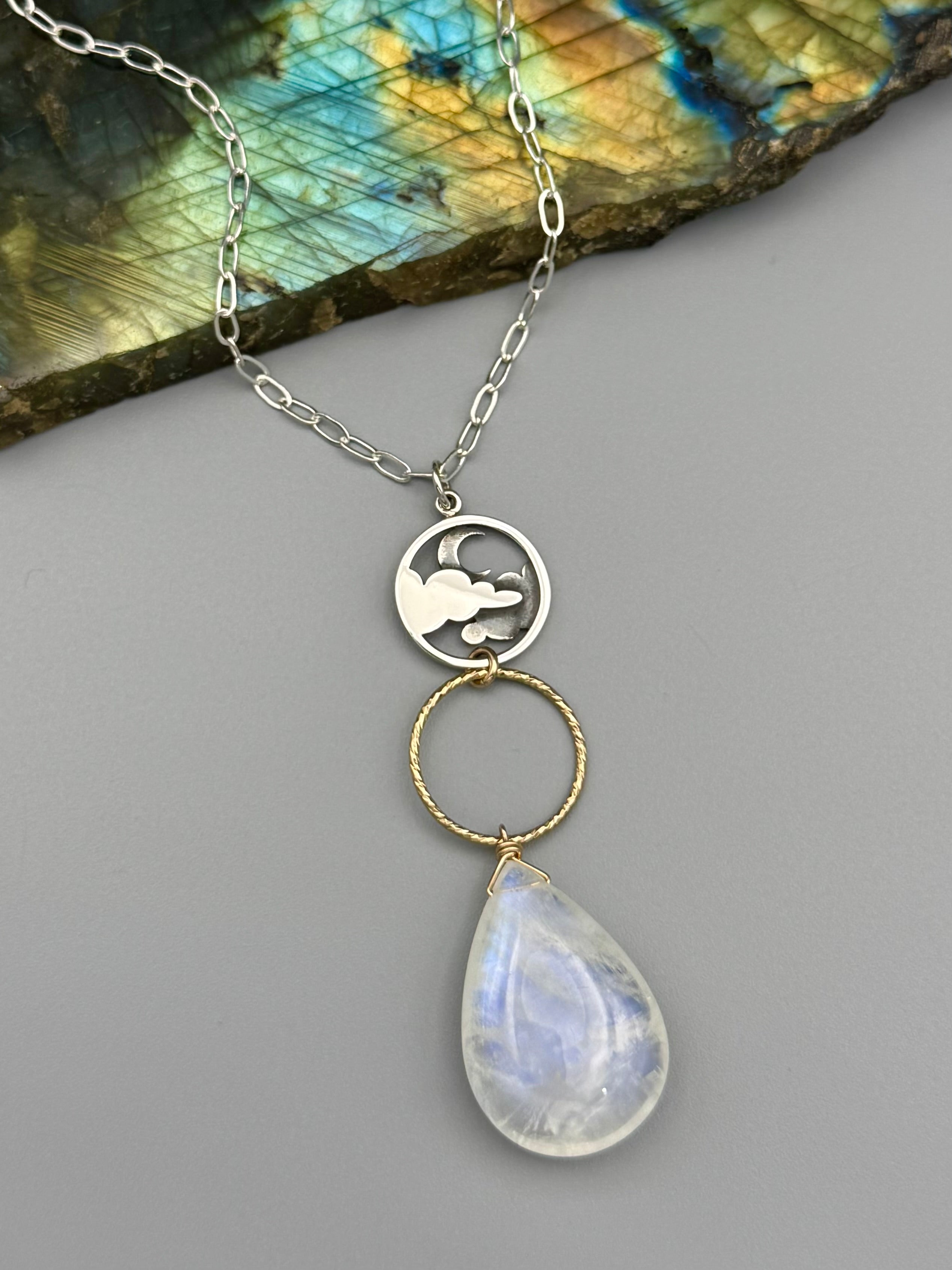 •NYX• rainbow moonstone + mixed metal necklace (17"-19" long)
