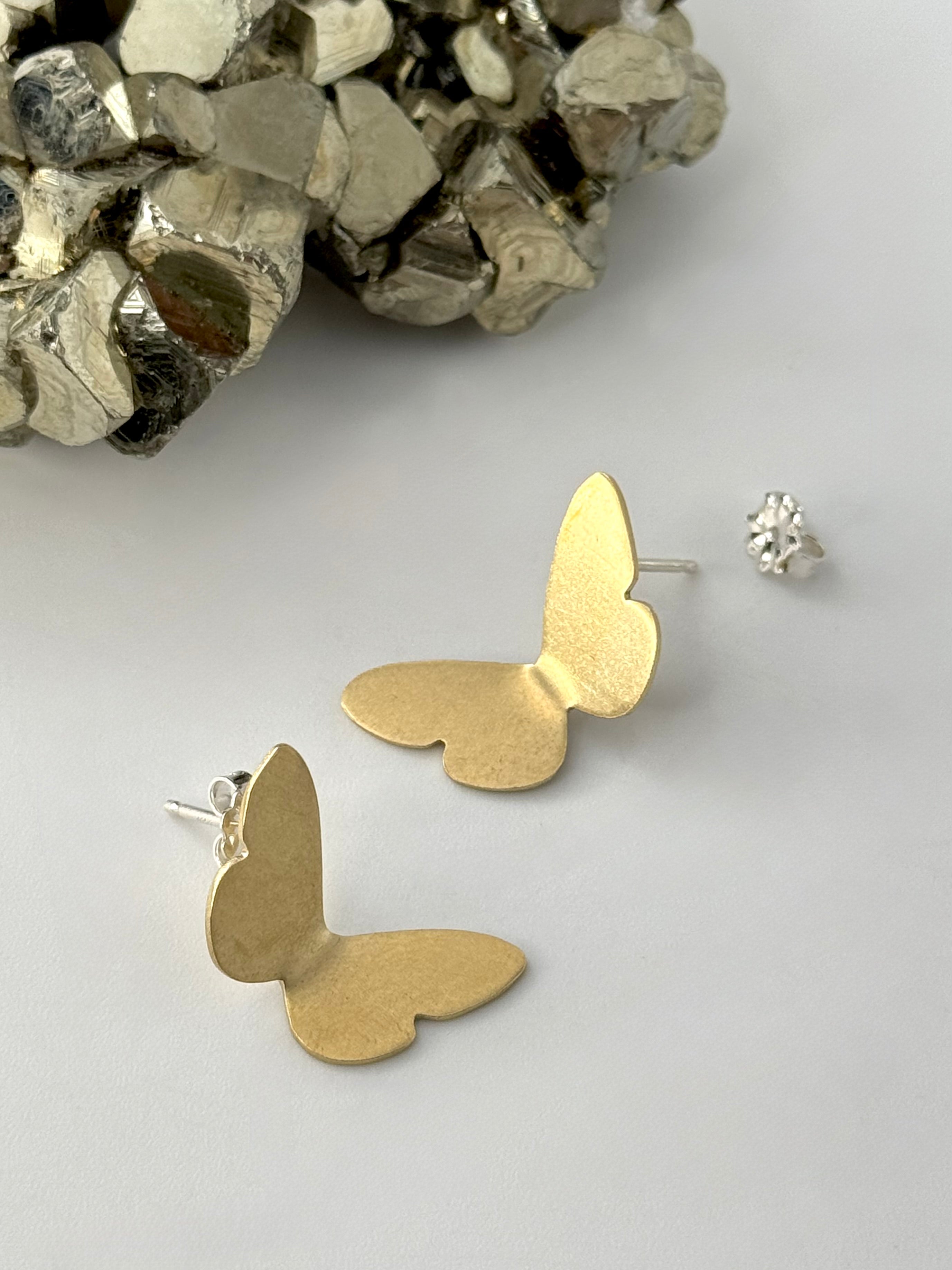 •FLUTTERING BUTTERFLY• brass + silver stud earrings