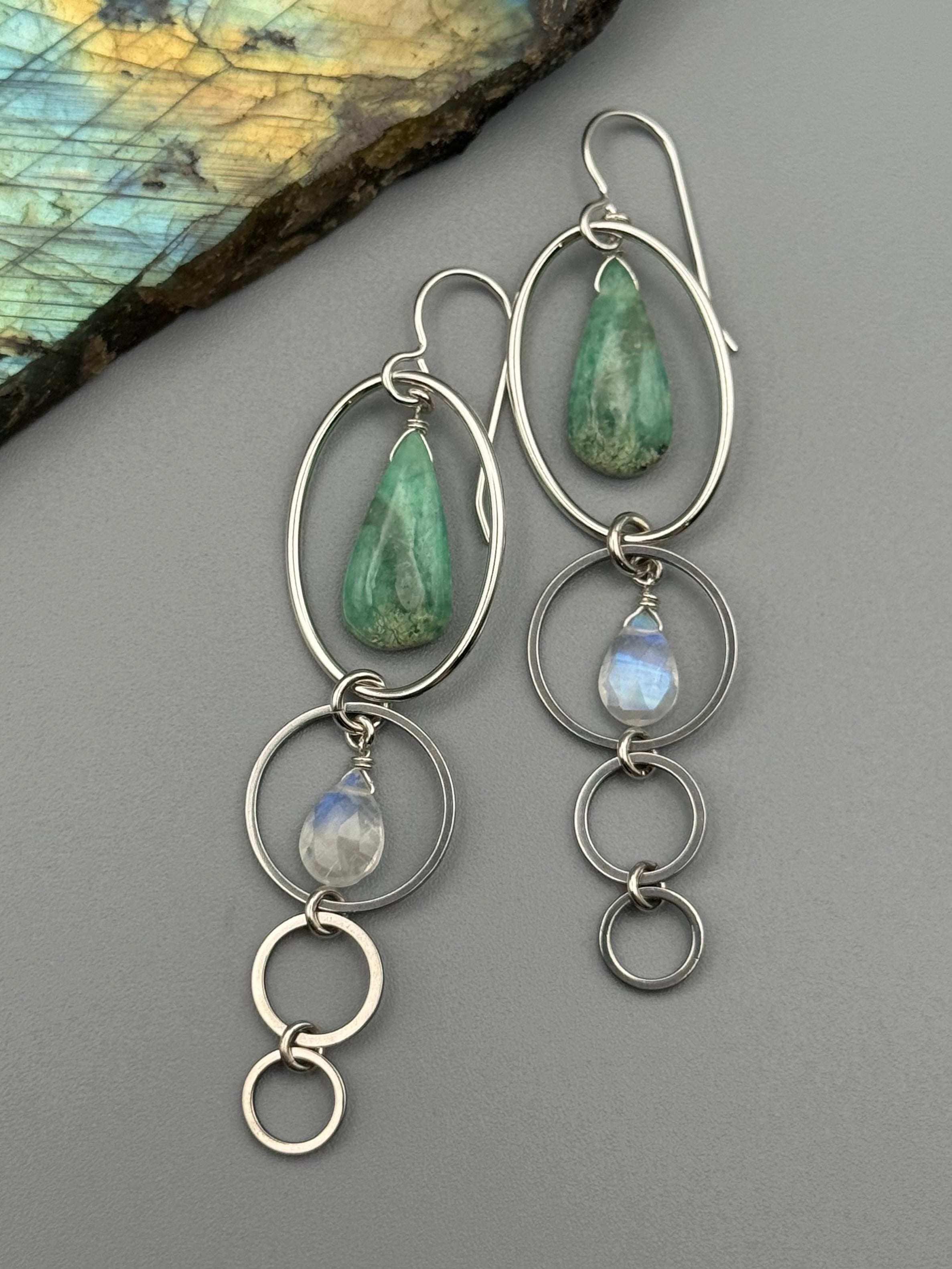 •8 OF CUPS• chrysoprase + rainbow moonstone silver earrings