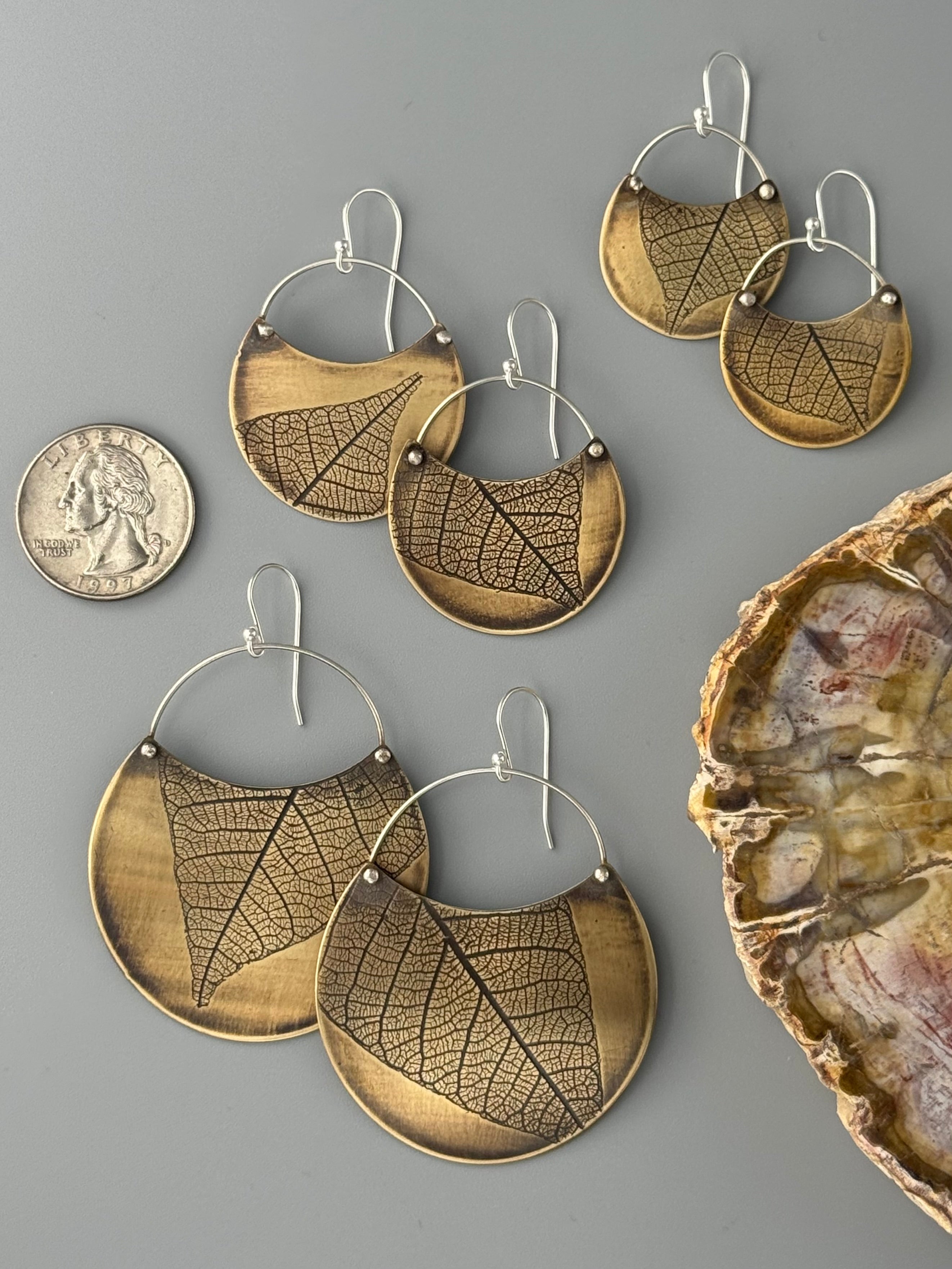 •LEAF CRESCENT• mixed metal dangle earrings