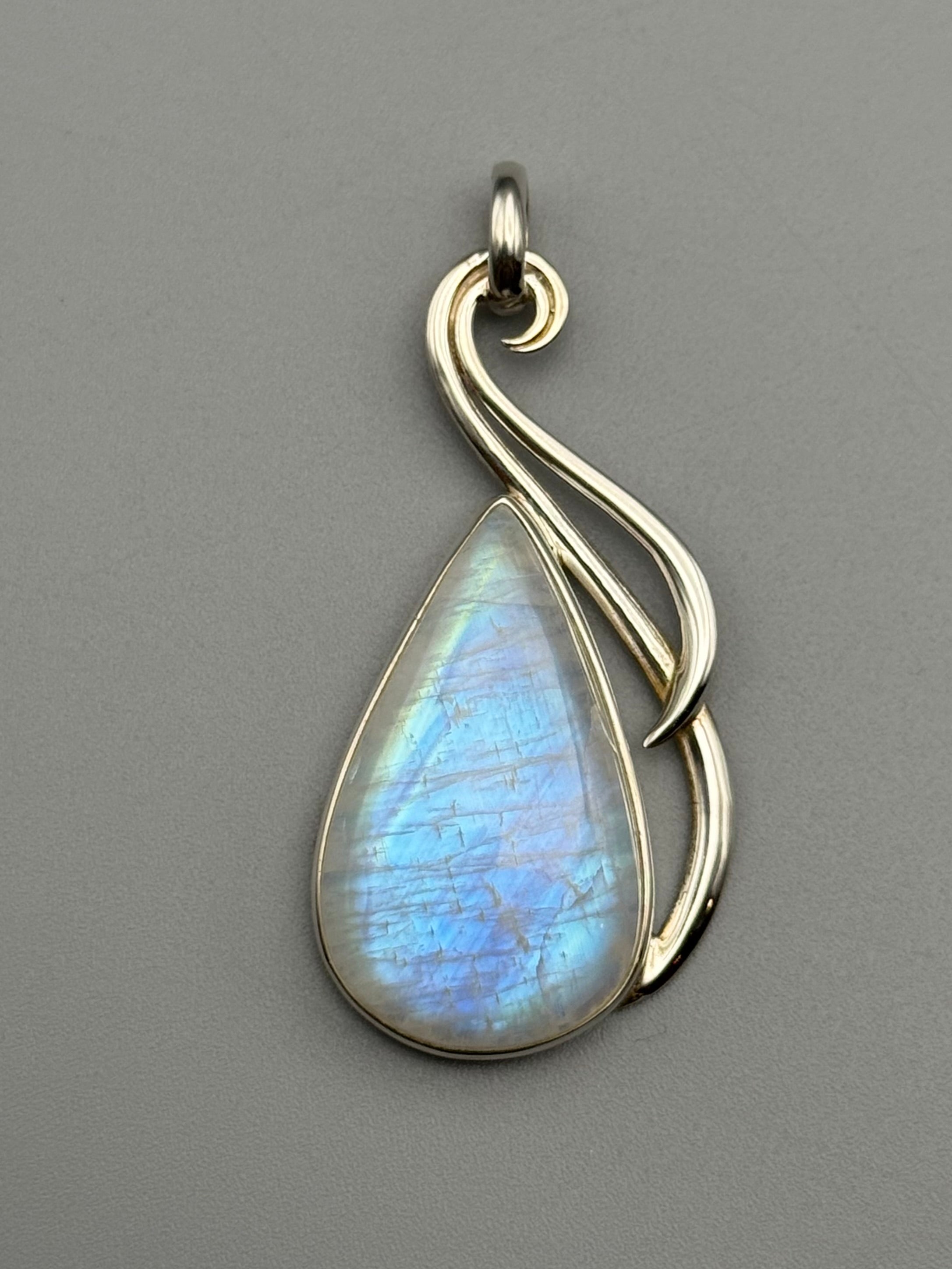 •RAINBOW MOONSTONE TEAR - LARGE FLOURISH• sterling silver pendant