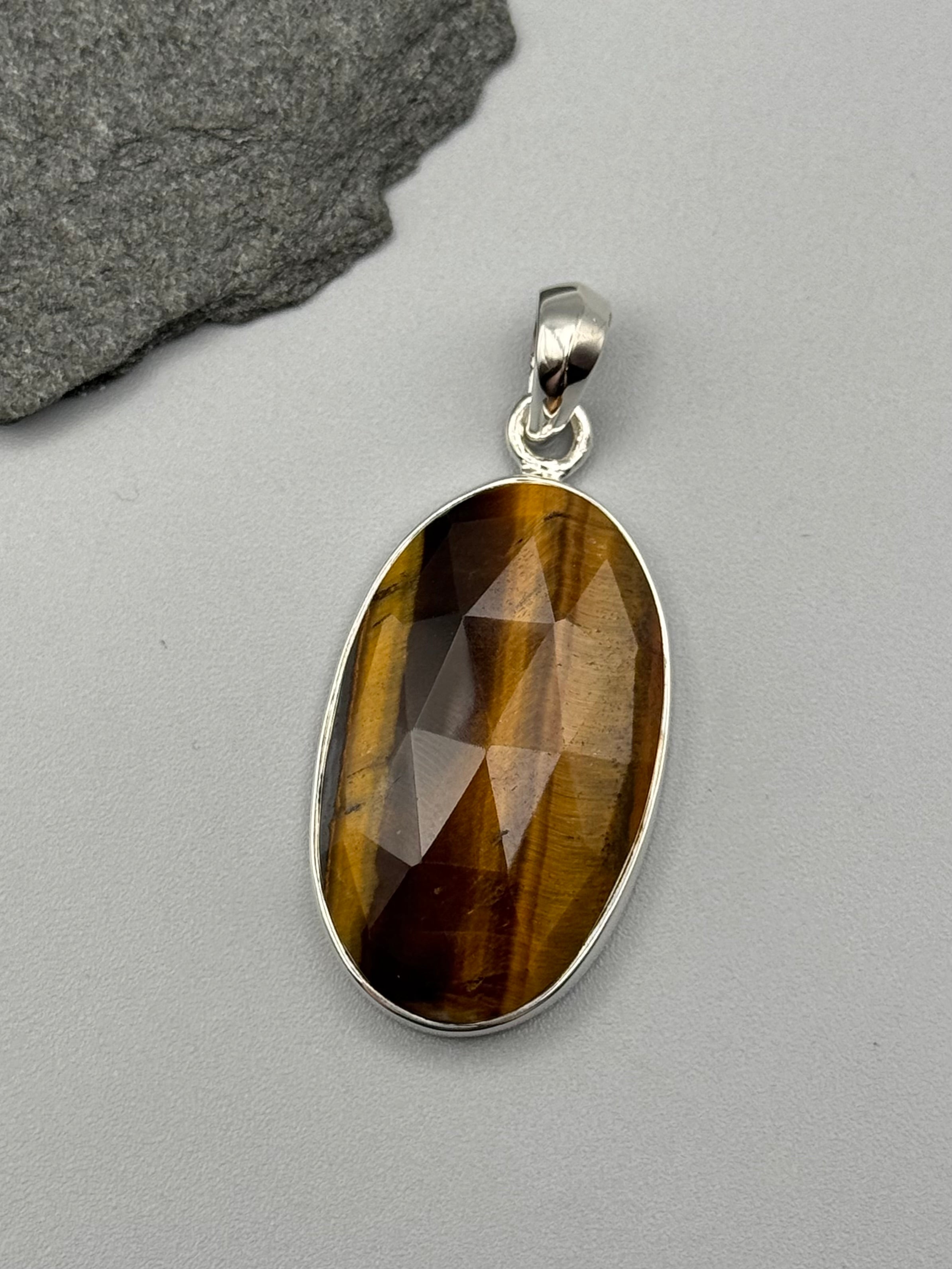 •TIGER EYE - FACETED OVAL• sterling silver pendant
