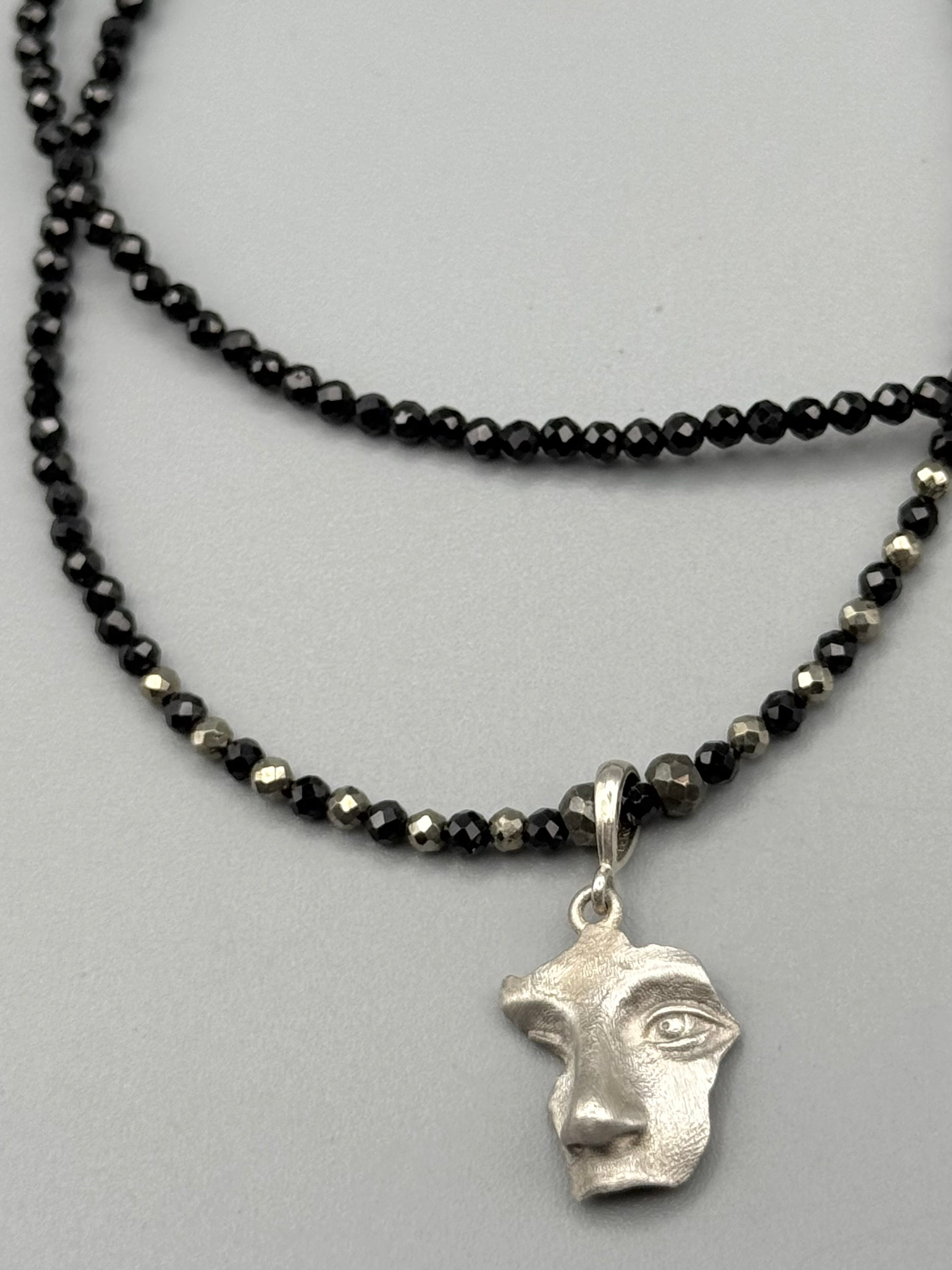 •BLACK SPINEL + PYRITE - ORACLE• silver beaded necklace (17.5" long)