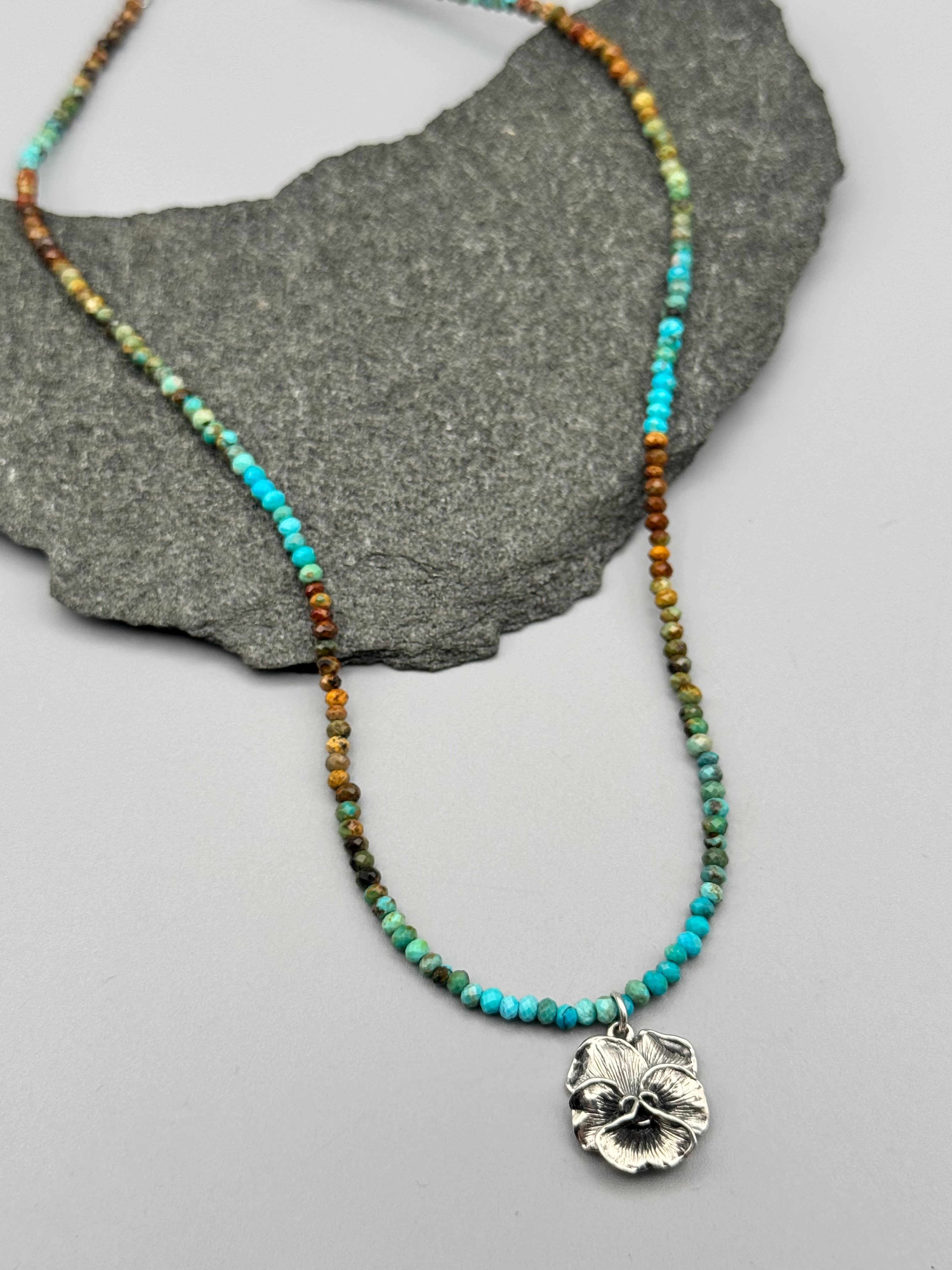 •TURQUOISE - PANSY• silver beaded necklace (16" - 18" long)